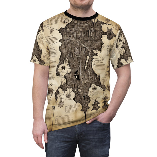 Dungeon Map Blueprint Tee Shirt: Ancient Parchment, Unisex AOP, Corridors, Traps, Monsters, Secret Doors, DND, RPG, TTRPG