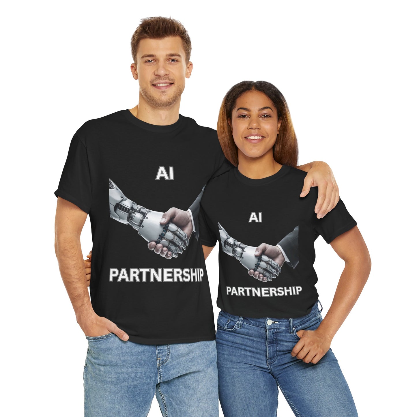 AI Partnership Unisex Heavy Cotton Tee Shirt - Robot And Human Shake Hands, Sci-Fi, Science, Tech, Geek, Nerd