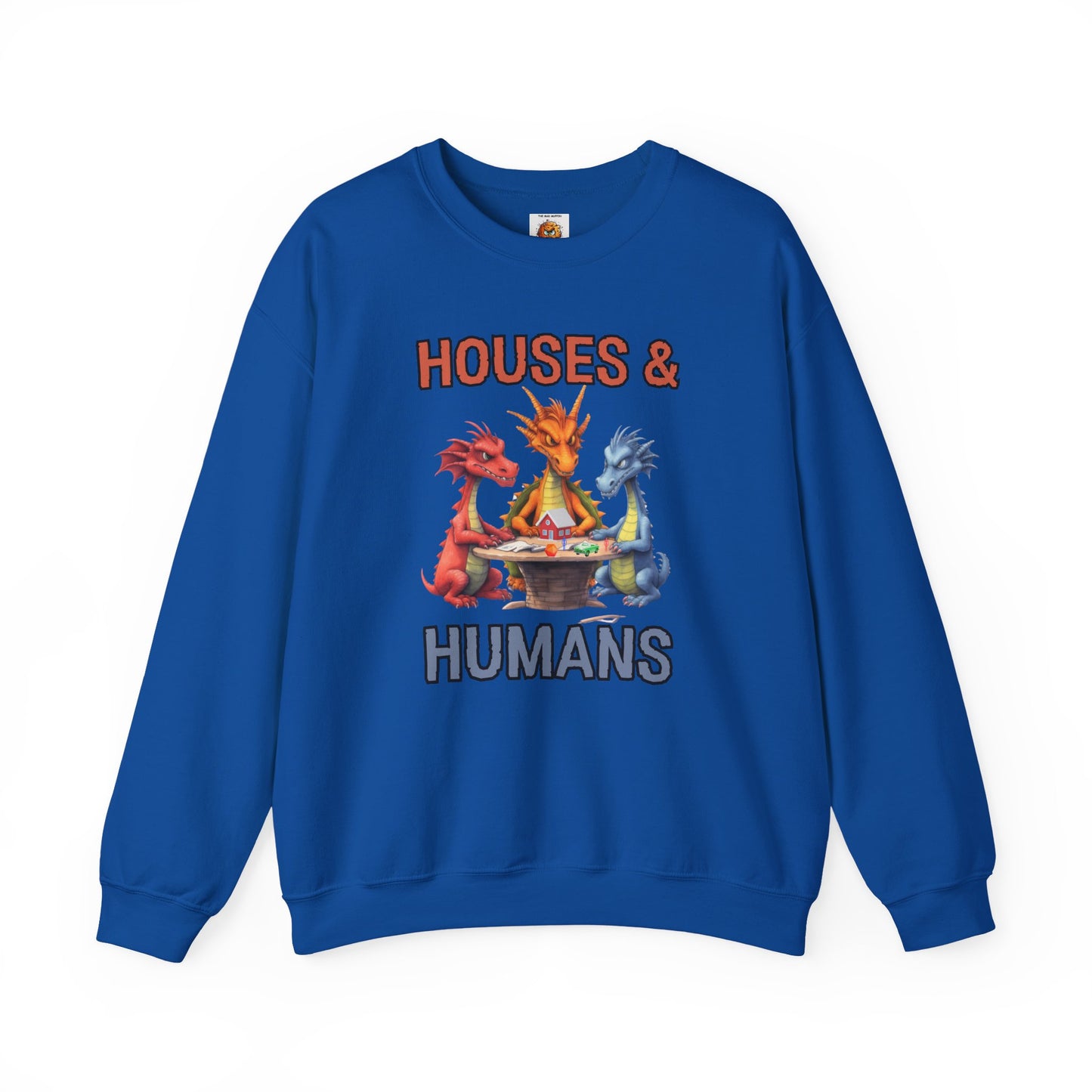 'Houses & Humans' Heavy Blend Crewneck Sweatshirt, Cozy unisex sweatshirt, Fantasy apparel, Gift for nerds, Dragon lover merch, D&D, DND, RPG, TTRPG, Geek, Nerd, D20