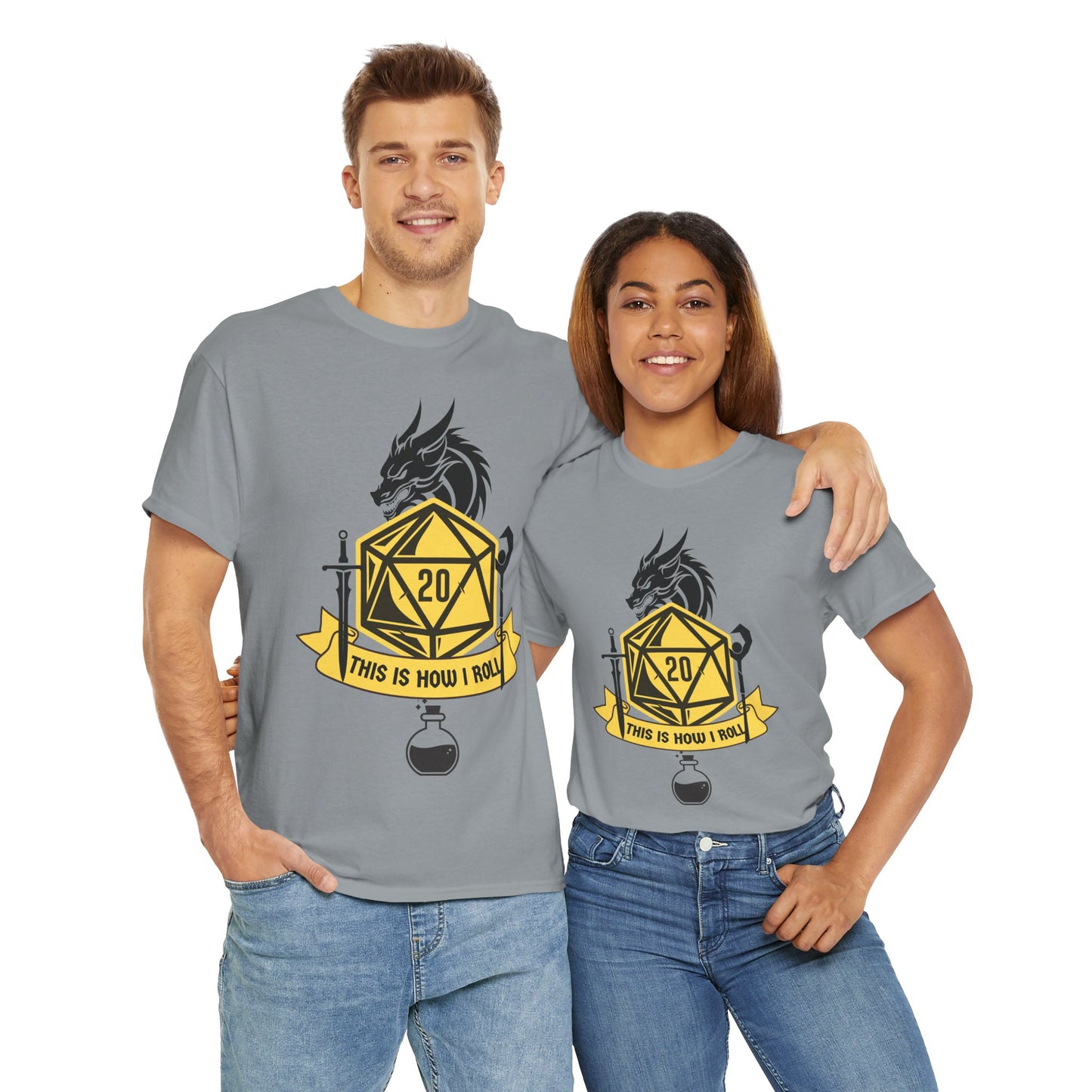 "This Is How I Roll" D20 High Dungeons & Dragons DND Unisex Heavy Cotton Tee Shirt T-Shirt, RPG, TTRPG, Roleplaying, Geek, Nerd