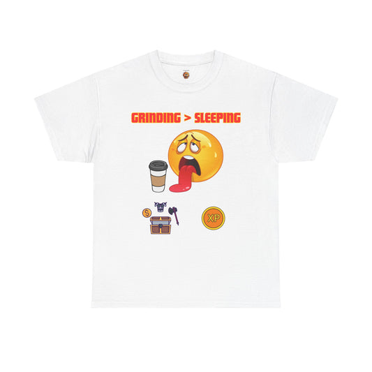 Grinding > Sleeping Unisex Heavy Cotton Tee - Funny Graphic T-Shirt for Gamers and Coffee Lovers, Gaming, Video Game, Geek, Nerd, RPG