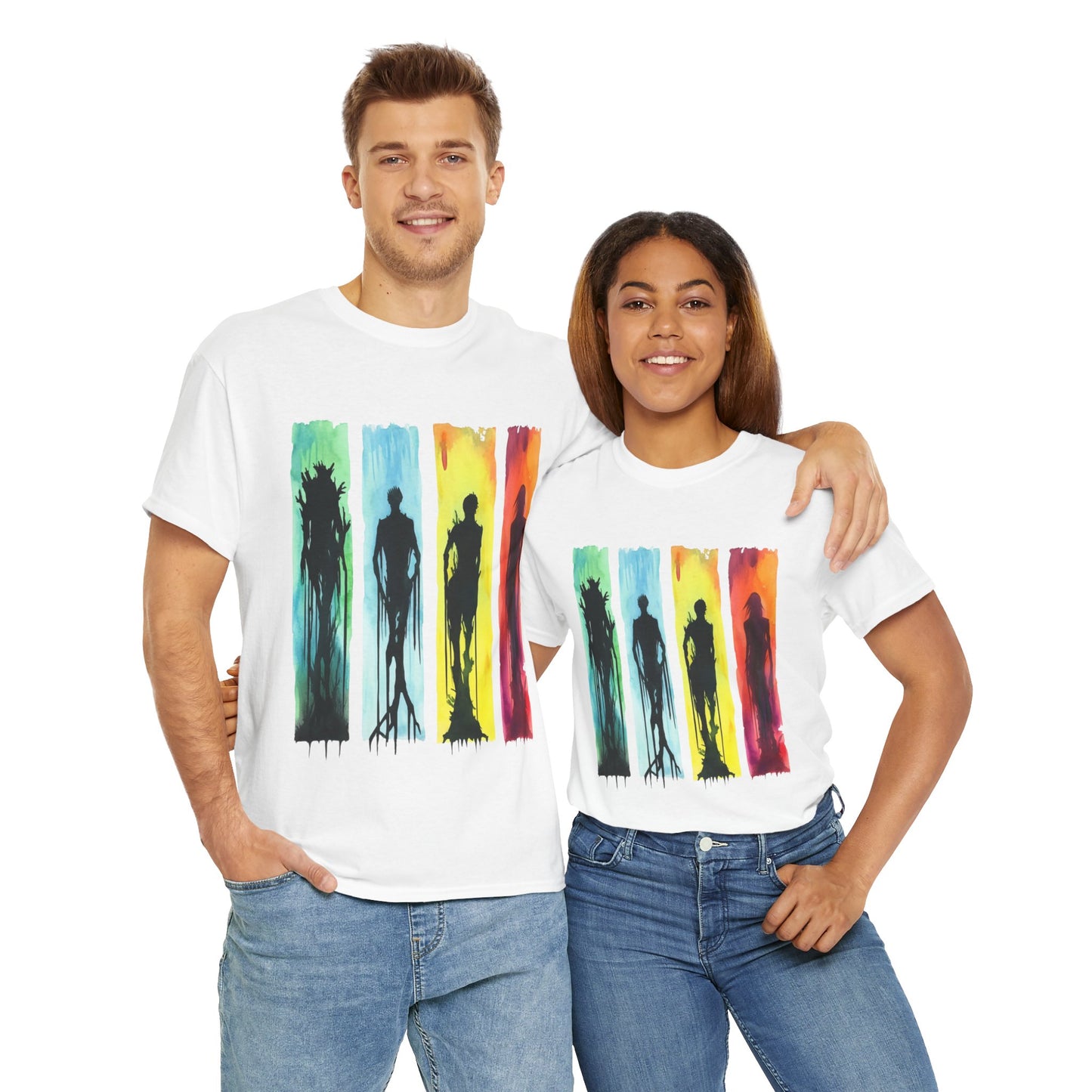 Watercolor Brushstroke Horror Monsters Unisex Heavy Cotton Tee Shirt - Zombie, Scary, Halloween, T-Shirt, Colorful, Geek, Nerd