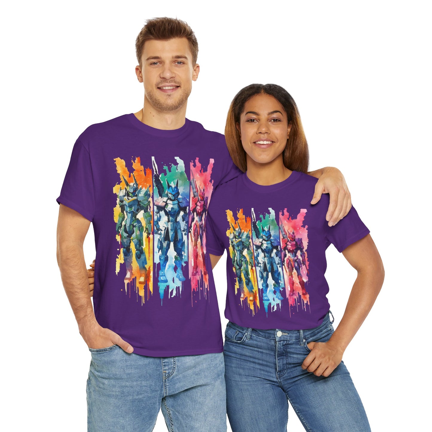Watercolor Brushstroke Anime Mecha Art Unisex Heavy Cotton Tee Shirt - Mobile Battle Suit Armor, Geek, Nerd, Colorful