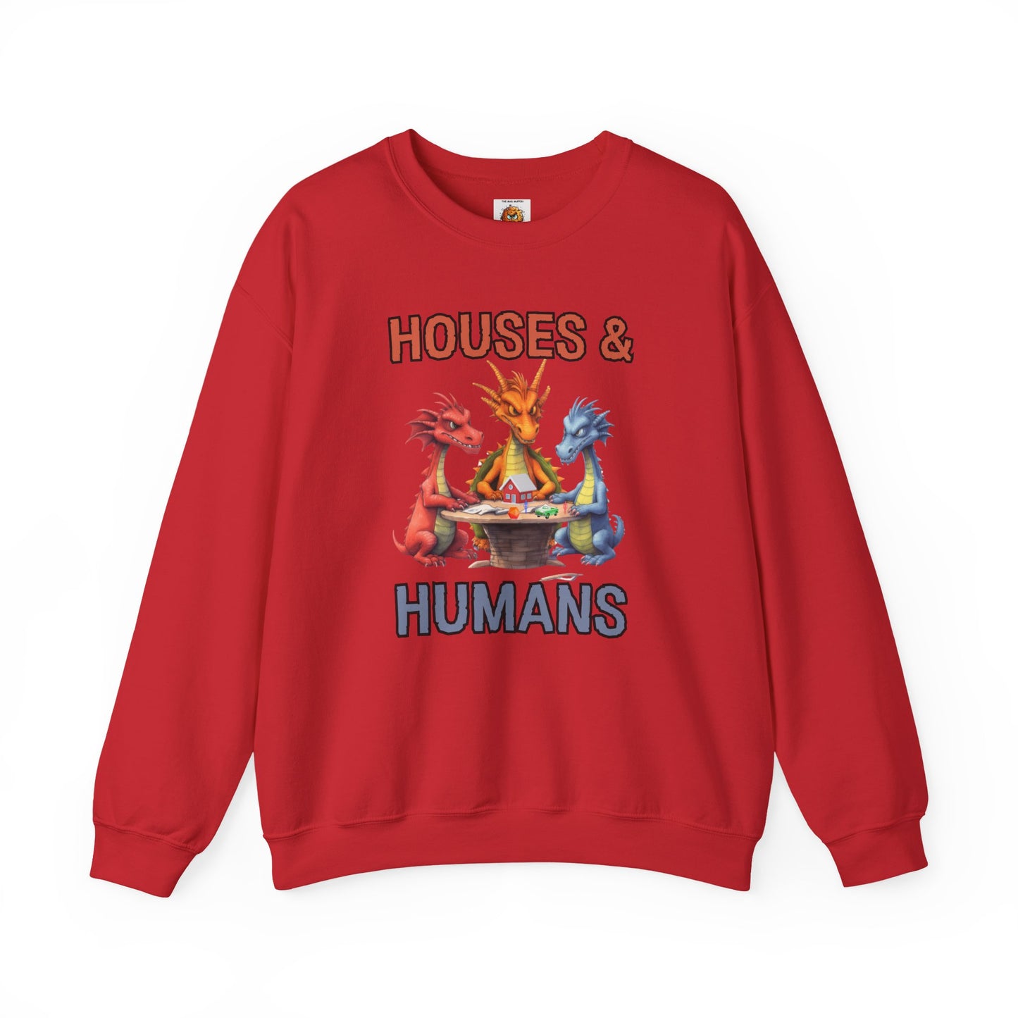 'Houses & Humans' Heavy Blend Crewneck Sweatshirt, Cozy unisex sweatshirt, Fantasy apparel, Gift for nerds, Dragon lover merch, D&D, DND, RPG, TTRPG, Geek, Nerd, D20