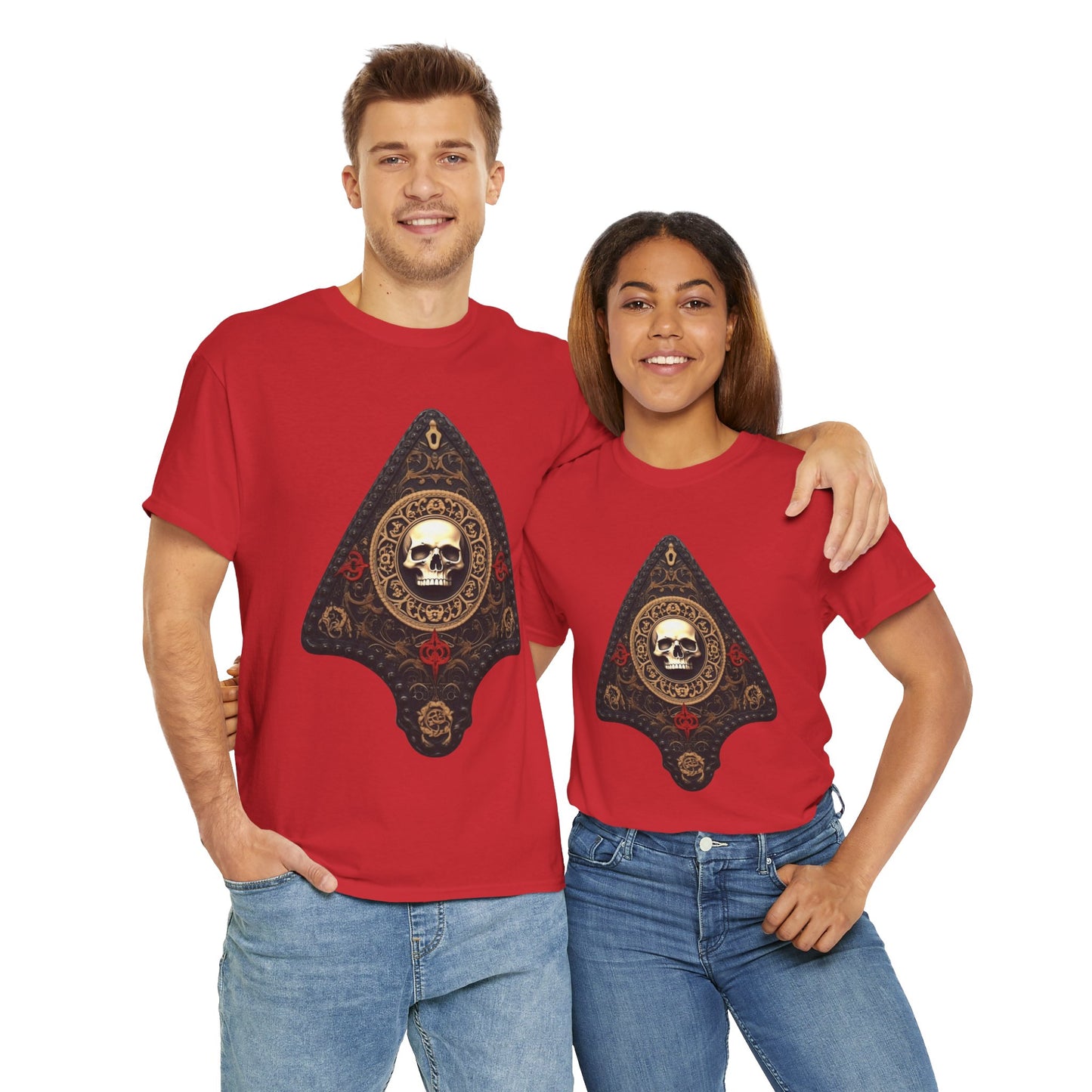 Skull Design Ouija Planchette Unisex Heavy Cotton Tee Shirt - Unique Graphic T-Shirt for Horror Fans, Scary, Gothic, Halloween, Geek, Nerd