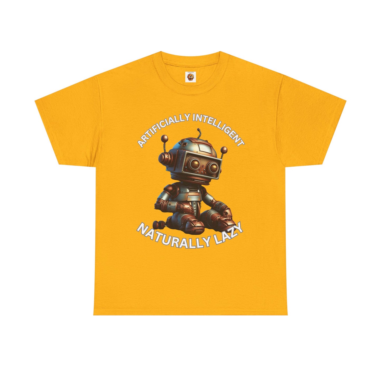 Cute Robot Unisex Heavy Cotton Tee Shirt - 'Artificially Intelligent, Naturally Lazy' Graphic T-Shirt for Tech Lovers, Geek, Nerd