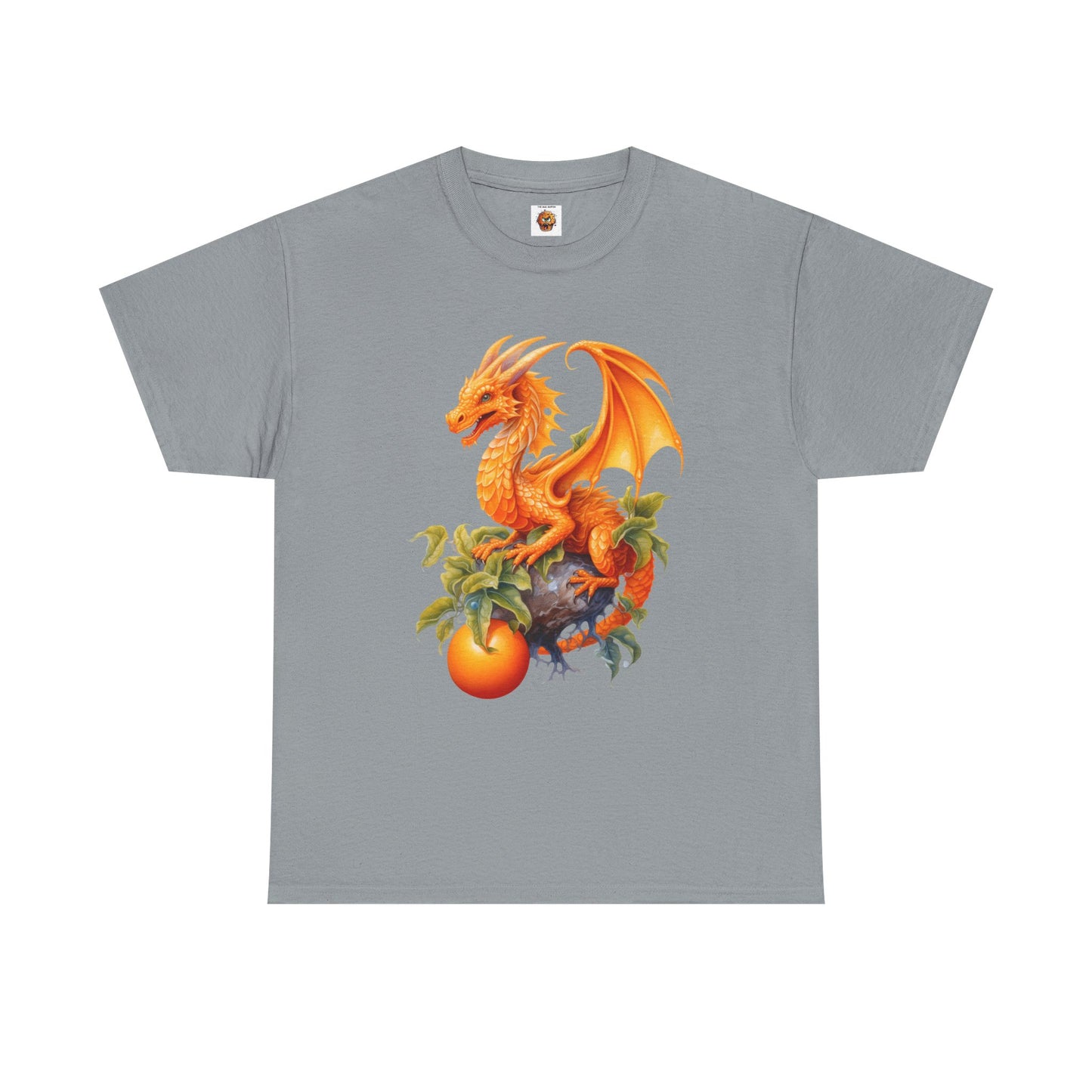 Vintage Orange Fruit Dragon Unisex Heavy Cotton Tee, Graphic T-Shirt, Gift for Dragon Lovers, Fantasy Apparel, Casual Wear, Fruit Of The Spirit, RPG, Geek, Nerd