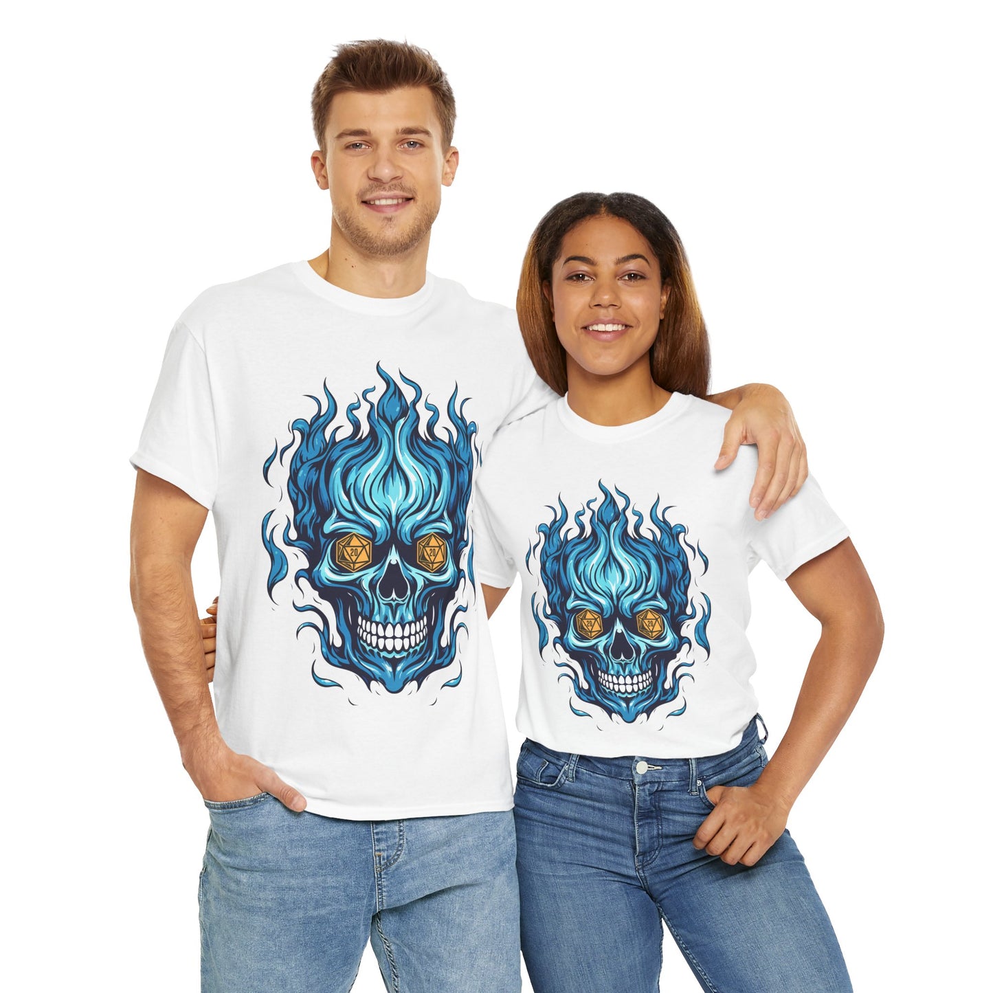 Flame Skull D20 Dungeons and Dragons DND Unisex Heavy Cotton Tee Shirt - RPG, TTRPG, Roleplaying, Geek, Nerd