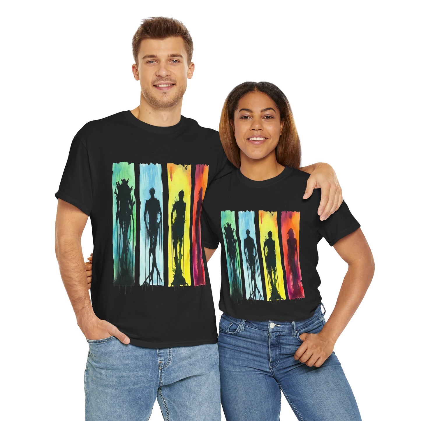 Watercolor Brushstroke Horror Monsters Unisex Heavy Cotton Tee Shirt - Zombie, Scary, Halloween, T-Shirt, Colorful, Geek, Nerd