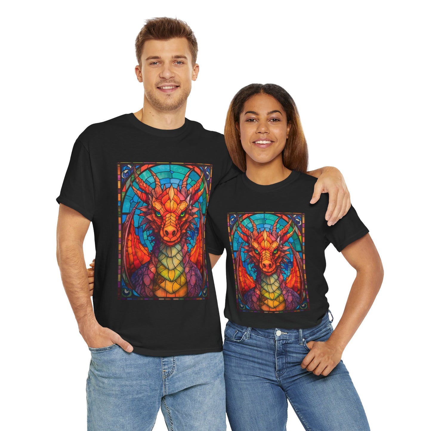 Dungeons And Dragons DND Stained Glass Red Dragon Tee Shirt - Unisex Heavy Cotton T-Shirt for Fantasy Lovers, Geek, Nerd