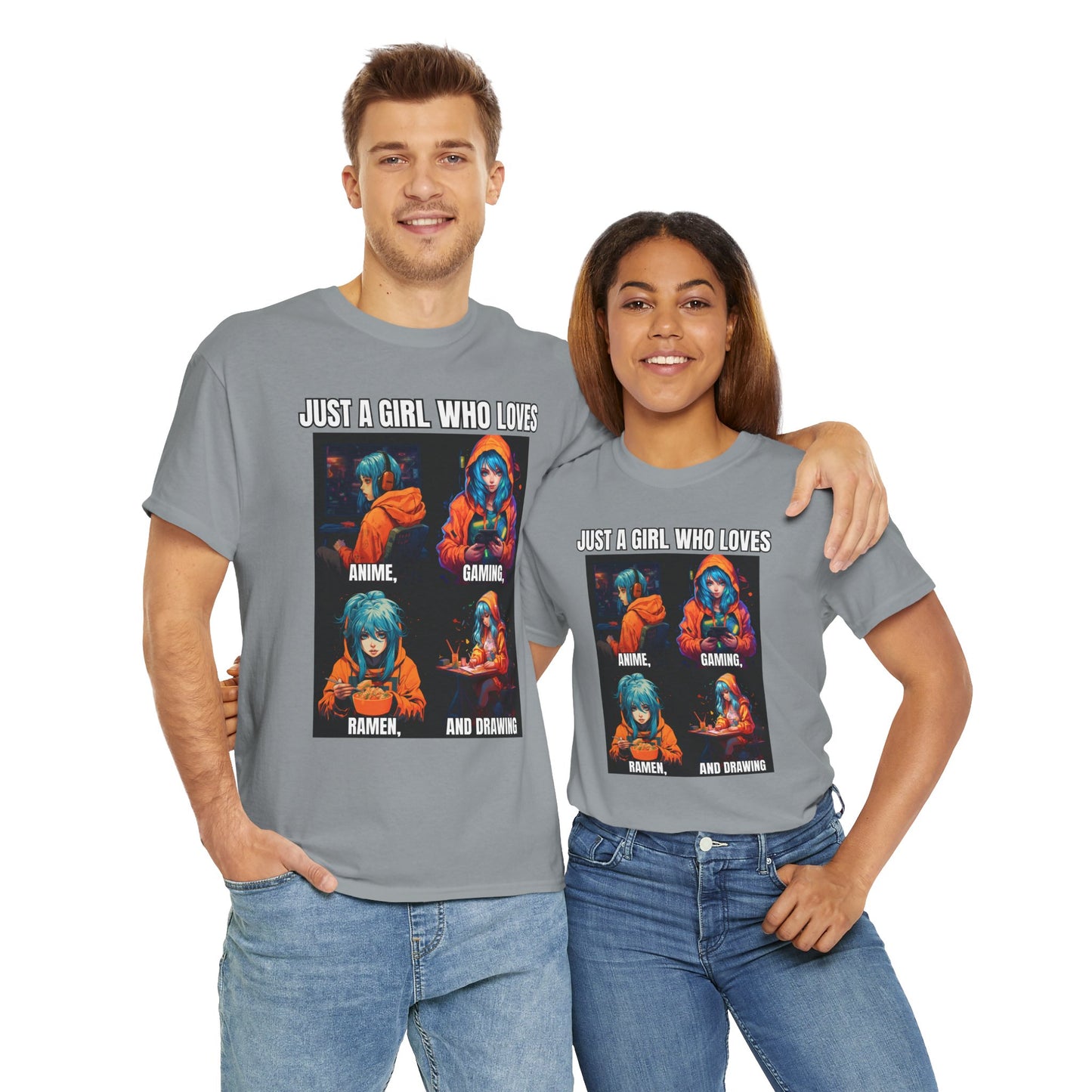 'Just a Girl Who Loves Anime, Gaming, Ramen, and Drawing' Unisex Heavy Cotton Tee - Waifu, Video Game, Gamer, Gamer Girl, Sketching, Weeb, Otaku, Geek, Nerd