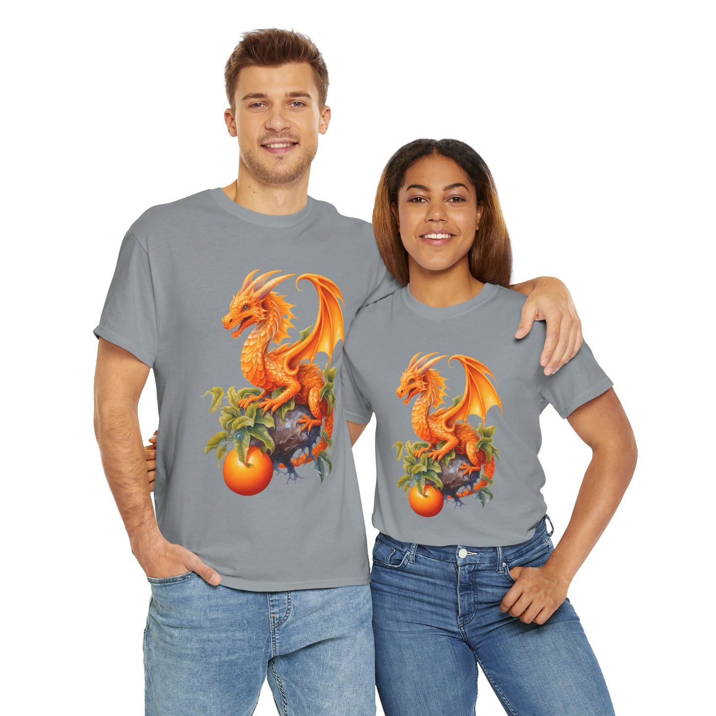 Vintage Orange Fruit Dragon Unisex Heavy Cotton Tee, Graphic T-Shirt, Gift for Dragon Lovers, Fantasy Apparel, Casual Wear, Fruit Of The Spirit, RPG, Geek, Nerd