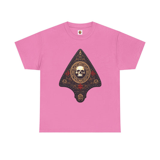 Skull Design Ouija Planchette Unisex Heavy Cotton Tee Shirt - Unique Graphic T-Shirt for Horror Fans, Scary, Gothic, Halloween, Geek, Nerd