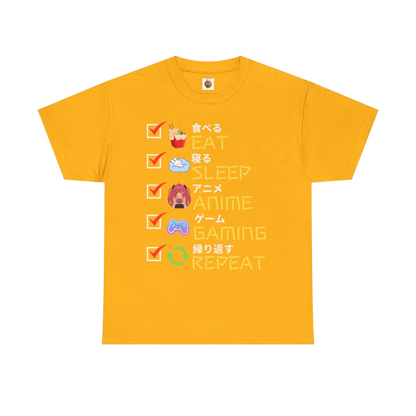 Cute Kawaii Unisex Heavy Cotton Tee Shirt T-Shirt - Eat Sleep Anime Gaming Repeat, Funny Checklist Japanese Kanji English, Geek, Nerd