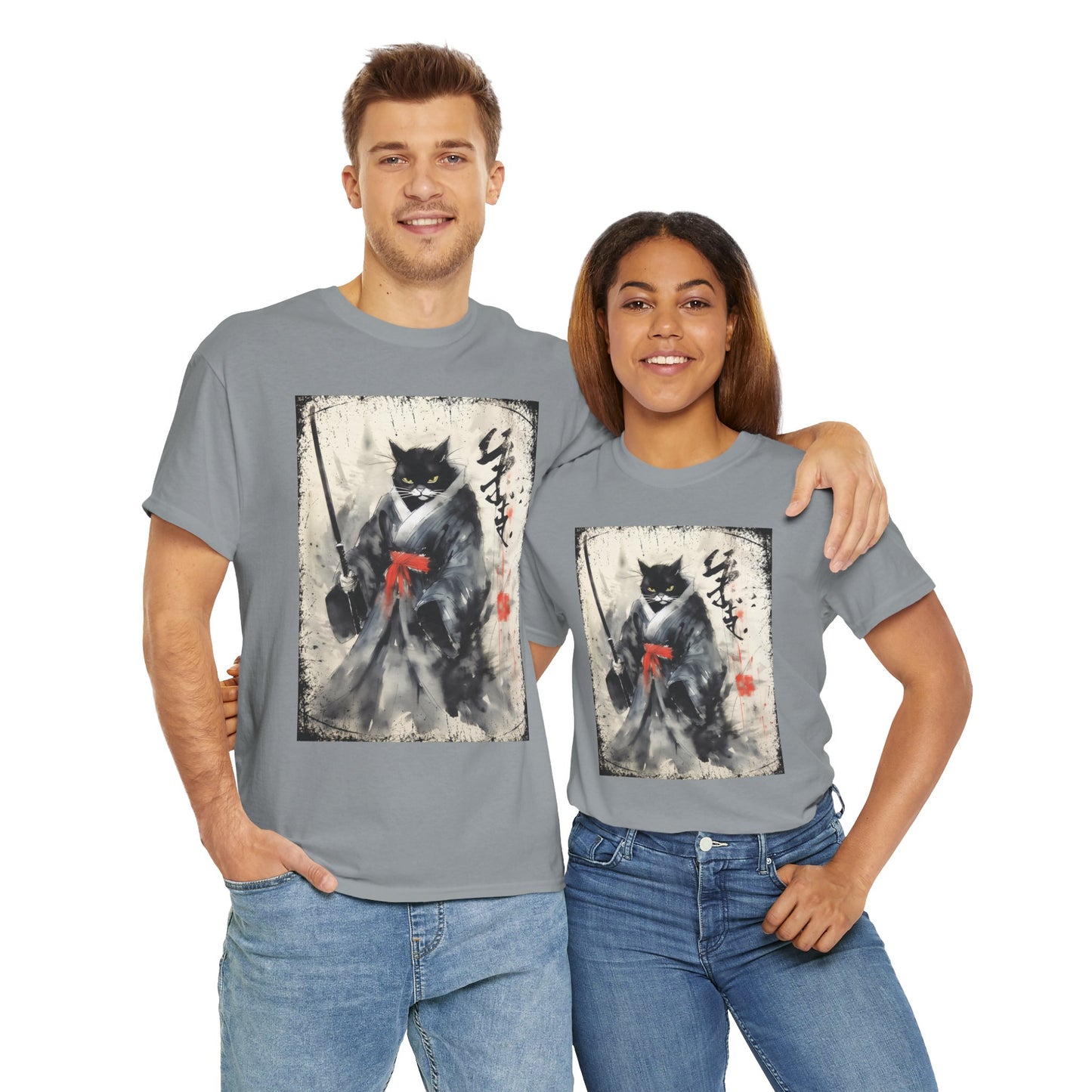 Samurai Cat Vintage Ukiyo-e Warrior Art Unisex Heavy Cotton Tee - Artistic Vintage Design, Japanese Ink Painting, Anime, Weeb, Otaku, Geek, Nerd
