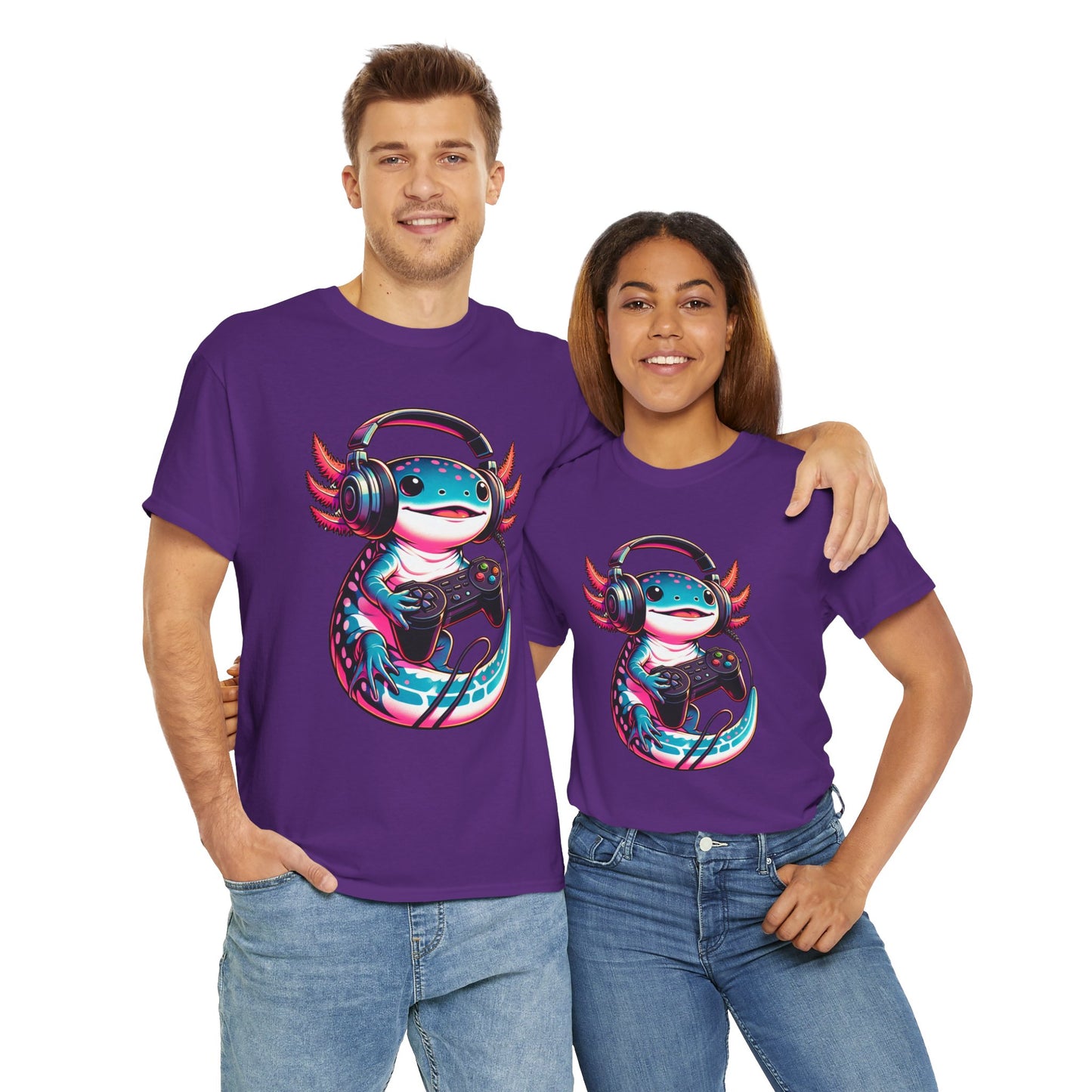 Cute Kawaii Gaming Axolotl Unisex Heavy Cotton Tee - Perfect for Gamers, Mexican Walking Fish, Smile, Video Game, Geek, Nerd, Salamander, Anime