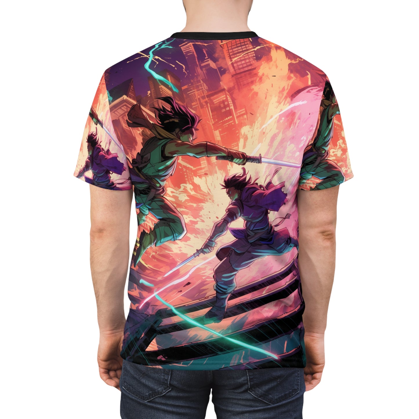 Neo-Tokyo Street Battle Epic Action AOP Unisex Tee - Heroic Battle Design, Shonen Anime, Weeb, Otaku, Geek, Nerd, Sword, Magic, Neon, Energy