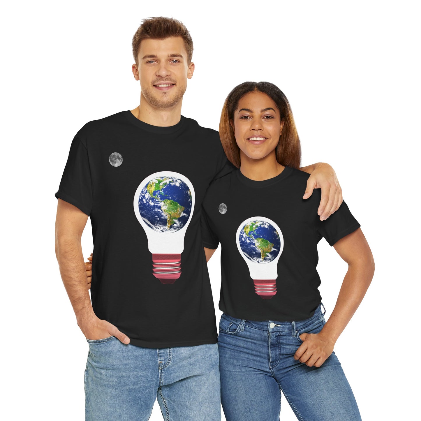 Earth Lightbulb Unisex Heavy Cotton Tee Shirt - Fun Graphic T-Shirt for Science Lovers, Moon, Sci-Fi, Geek, Nerd
