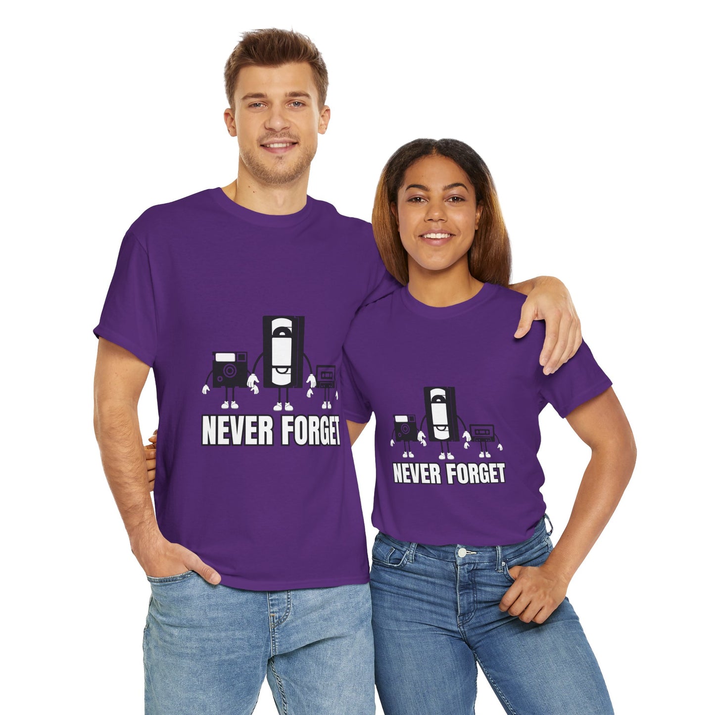 Retro Tech Unisex Heavy Cotton Tee Shirt- "Never Forget" Graphic T-Shirt, Floppy Disk, VHS Tape, Audio Cassette, Science, Geek, Nerd