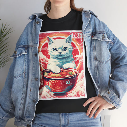 Cute Kawaii Anime Cat Eating Ramen Unisex Heavy Cotton Tee Shirt T-Shirt - Perfect for Animal Lovers and Foodies, Vintage Ad Style, Geek, Nerd