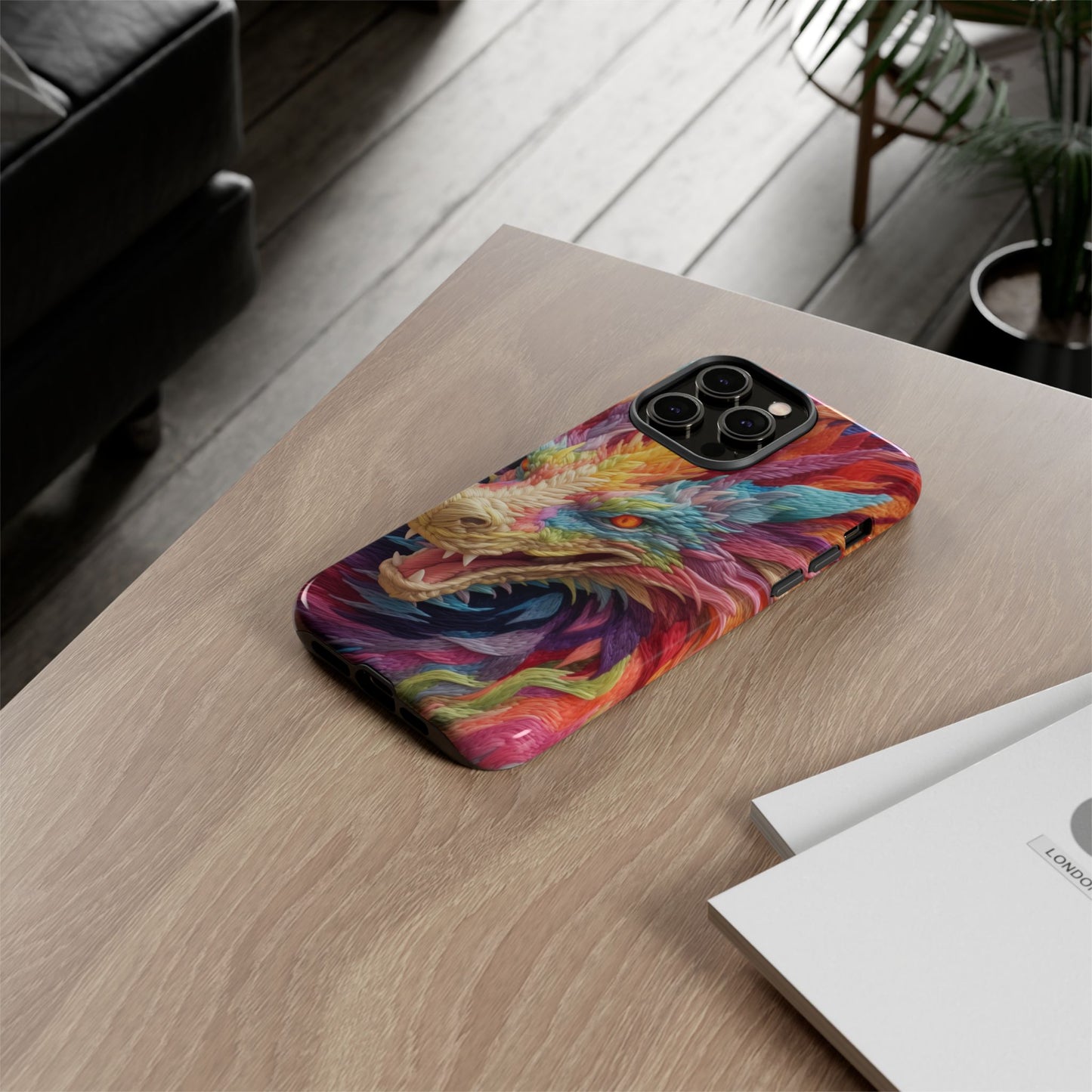Vibrant 3D Embroidery Embroidered Rainbow Dragon Phone Case - Tough Protection for Fantasy Lovers, DND, RPG, TTRPG, Geek, Nerd