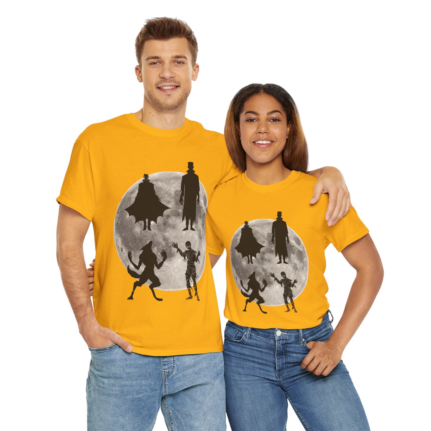Halloween Silhouette Unisex Heavy Cotton Tee Shirt T-Shirt - Classic Movie Monsters, Horror, Scary, Retro, Vintage, Geek, Nerd