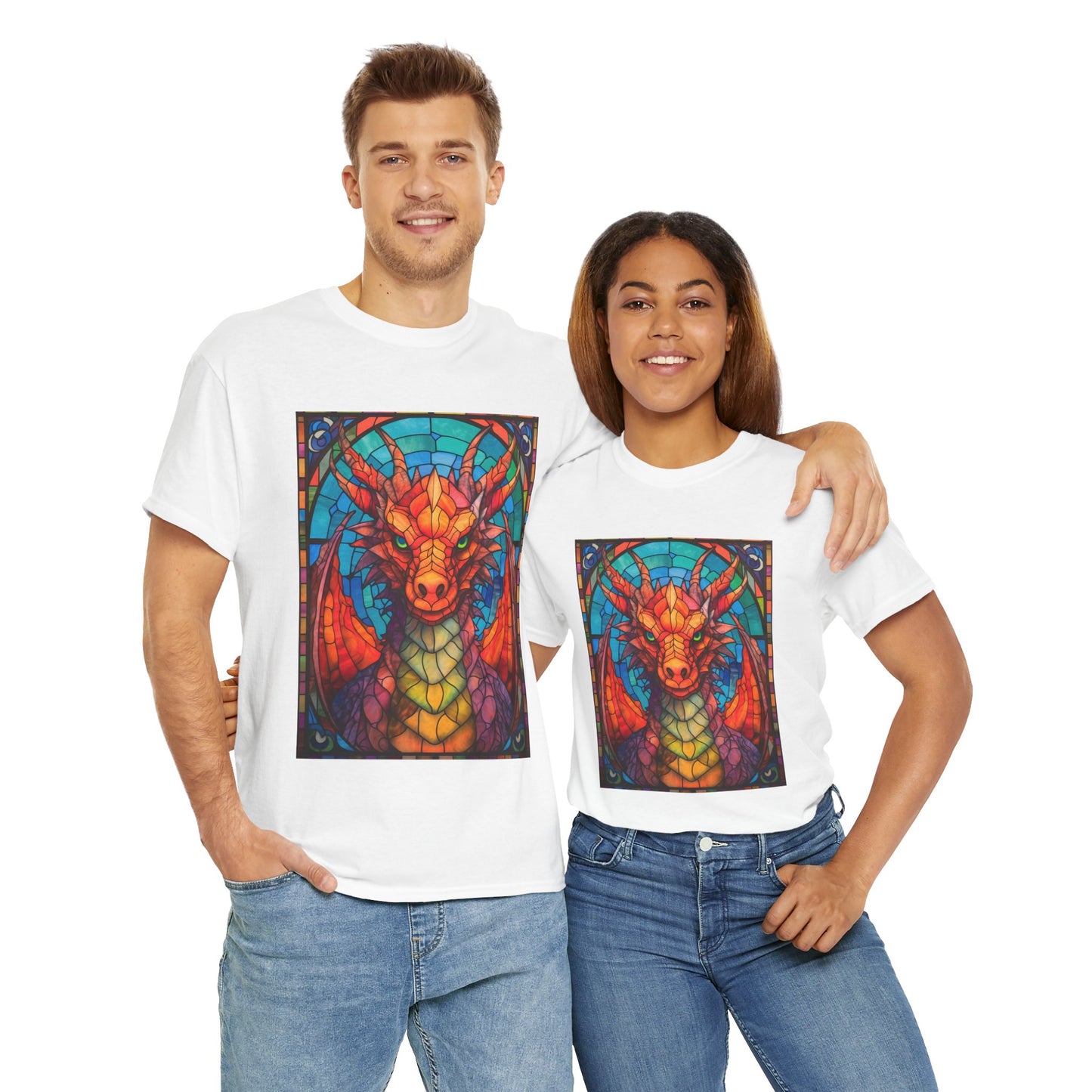 Dungeons And Dragons DND Stained Glass Red Dragon Tee Shirt - Unisex Heavy Cotton T-Shirt for Fantasy Lovers, Geek, Nerd