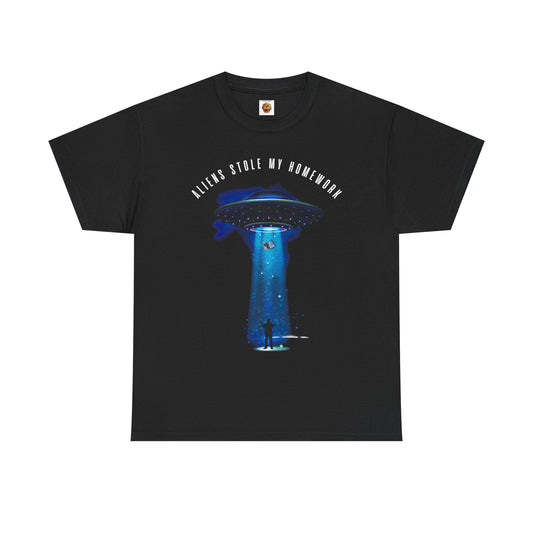 Flying Saucer Alien Abduction Unisex Heavy Cotton Tee Shirt - Aliens Stole My Homework UFO Graphic T-Shirt, Geek, Nerd