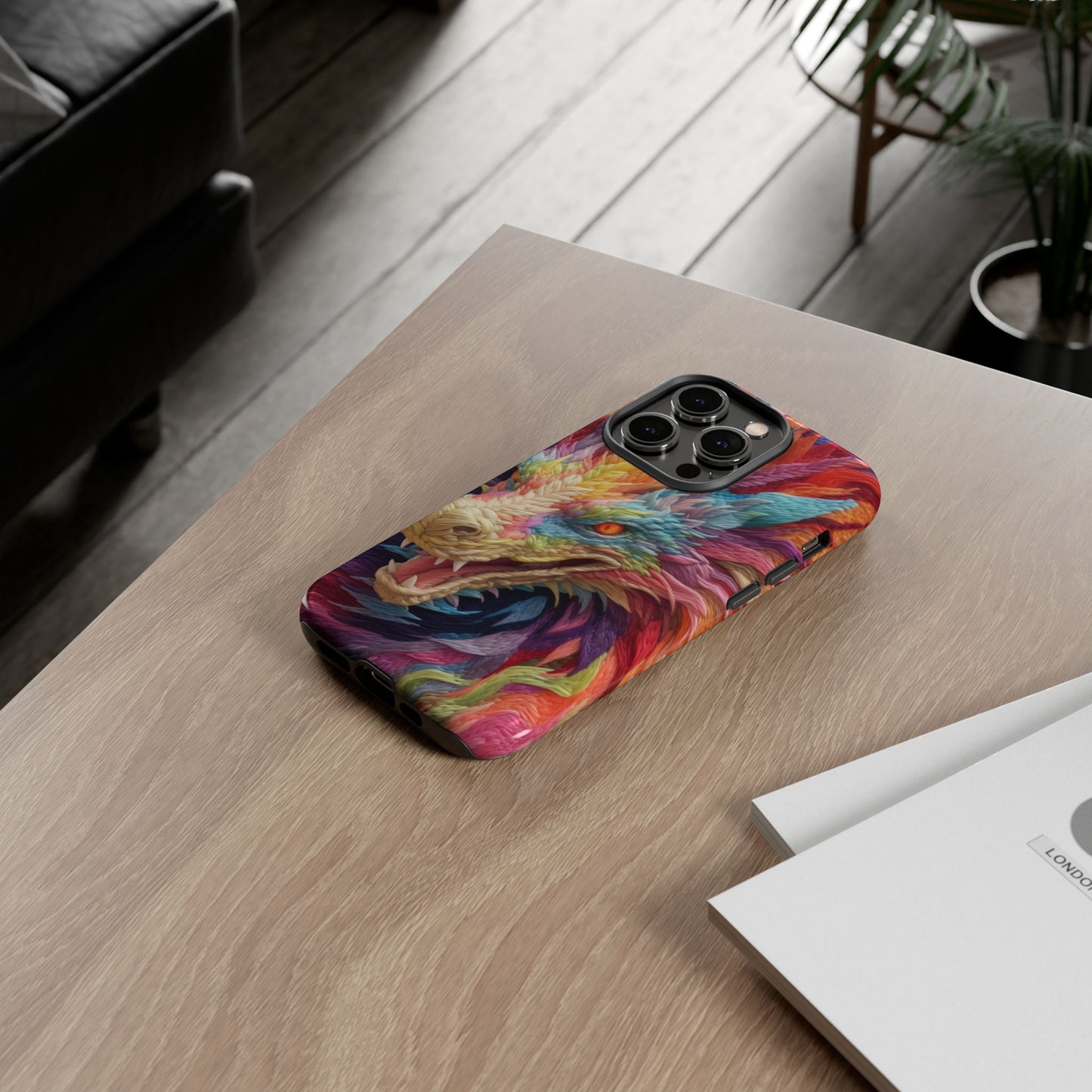 Vibrant 3D Embroidery Embroidered Rainbow Dragon Phone Case - Tough Protection for Fantasy Lovers, DND, RPG, TTRPG, Geek, Nerd