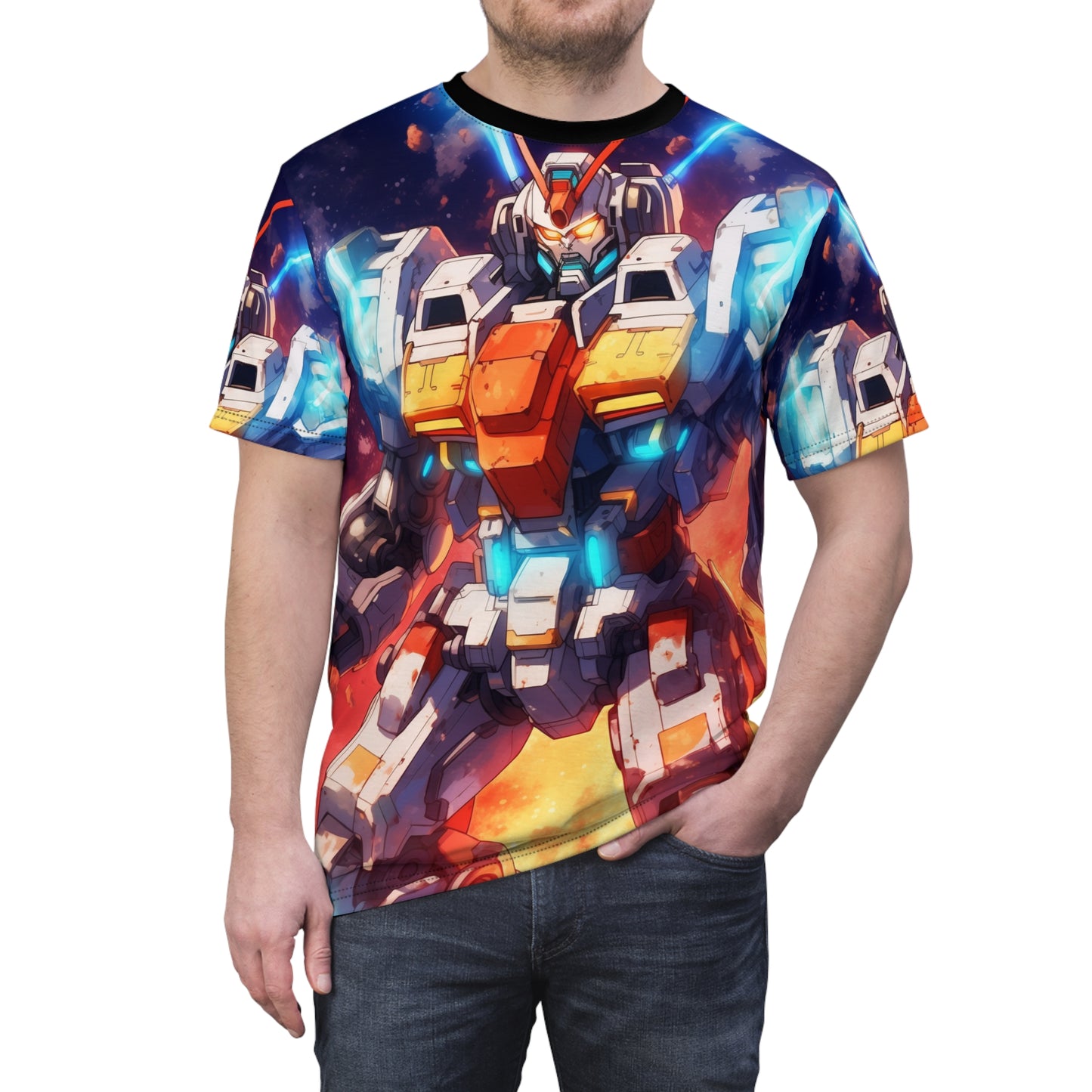 Galactic Mecha Core Breach Energy Unisex AOP Tee - Vibrant Sci-Fi Robot Graphic Shirt, Gundam, Evangelion, Battle Suit, Armor
