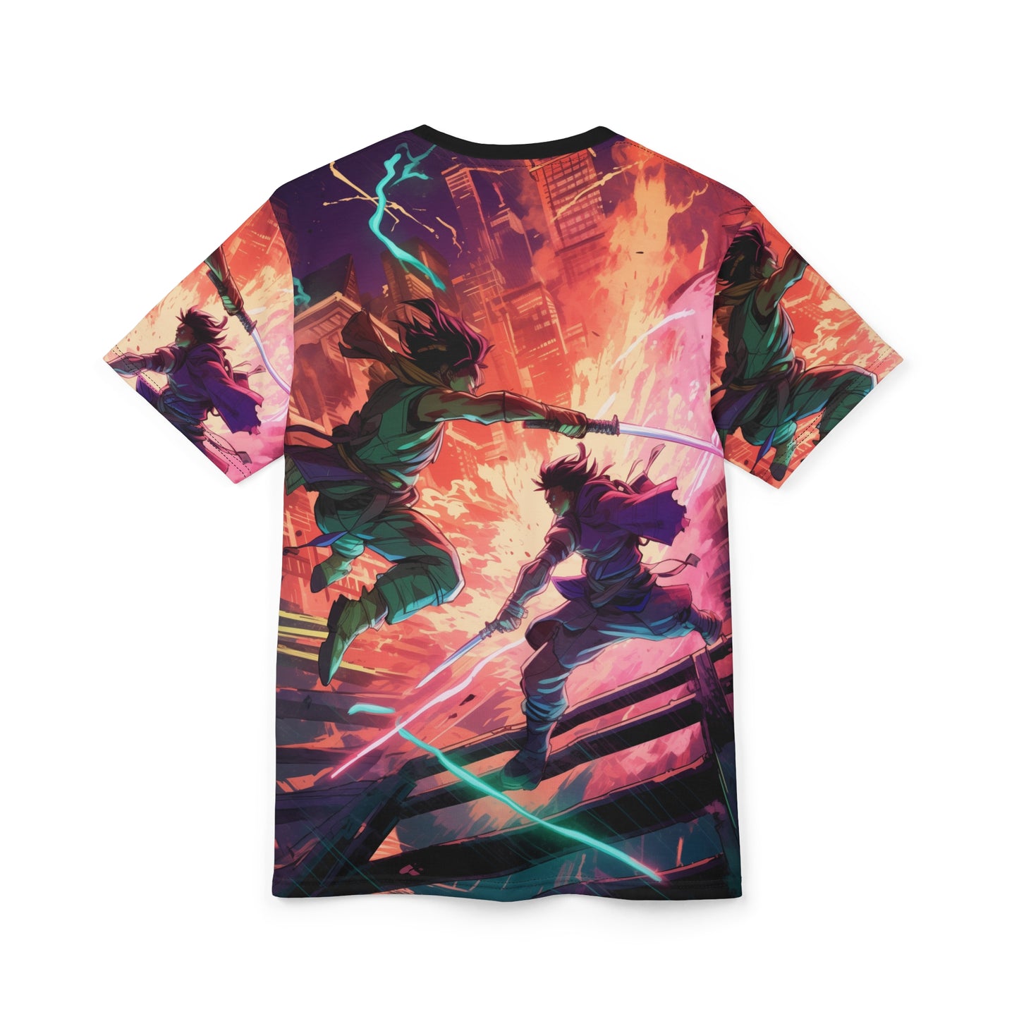 Neo-Tokyo Street Battle Epic Action AOP Unisex Tee - Heroic Battle Design, Shonen Anime, Weeb, Otaku, Geek, Nerd, Sword, Magic, Neon, Energy