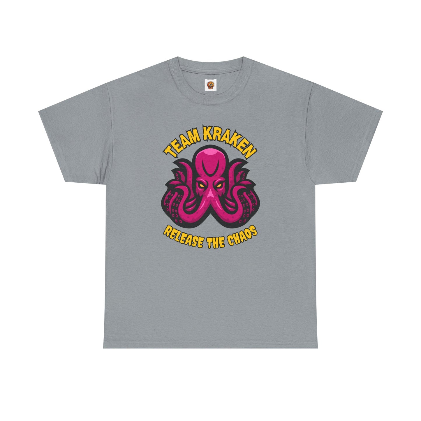 'Team Kraken Release The Chaos' Octopus Unisex Heavy Cotton Tee, Kraken Shirt, Gift for Ocean Lovers, Casual Wear for All Occasions, Mythology, Scary, Creepy, Geek, Nerd