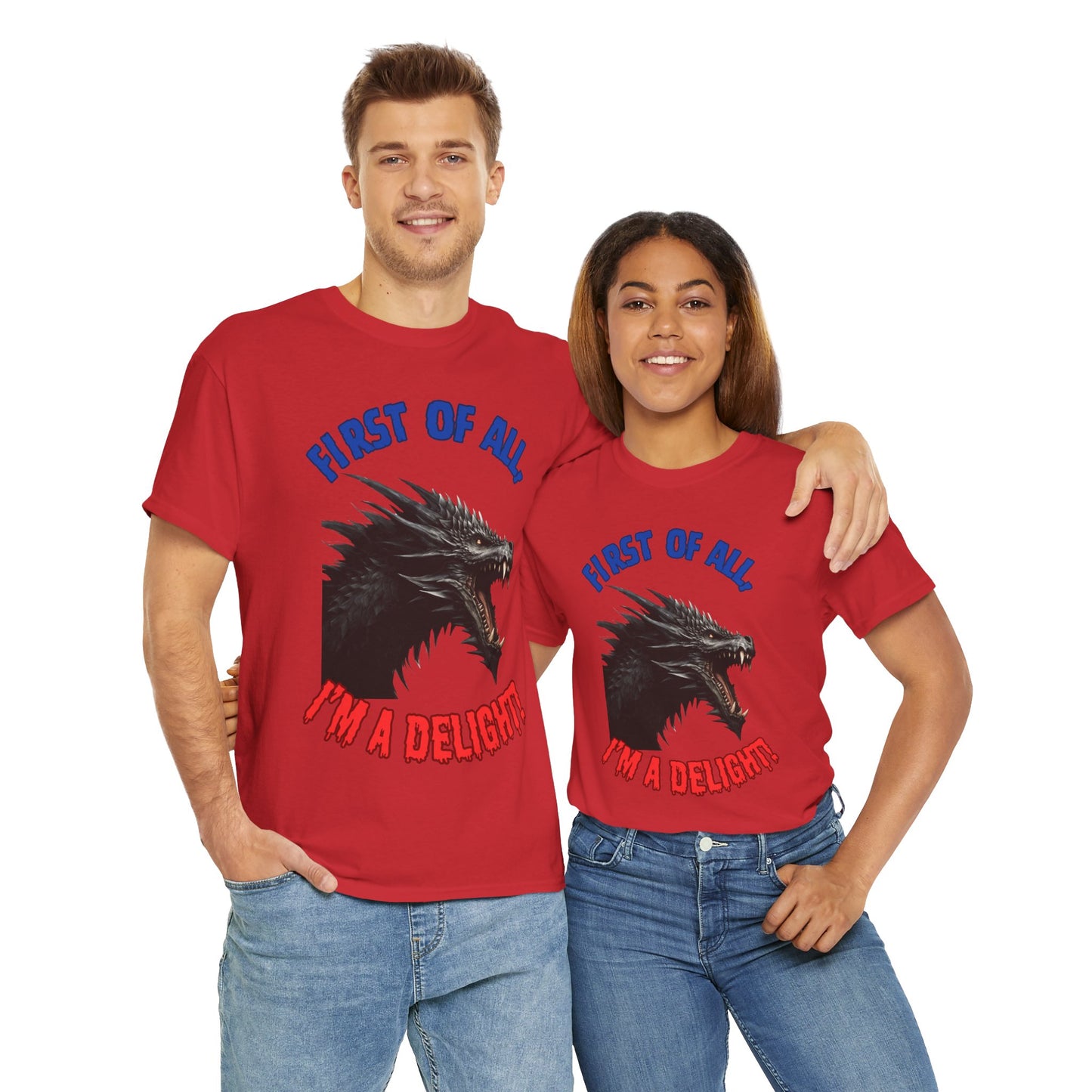 Black Dragon "First of All, I'm a Delight!" Dungeons and Dragons DND Unisex Heavy Cotton Tee Shirt T-Shirt - RPG, TTRPG, Roleplaying, Geek, Nerd