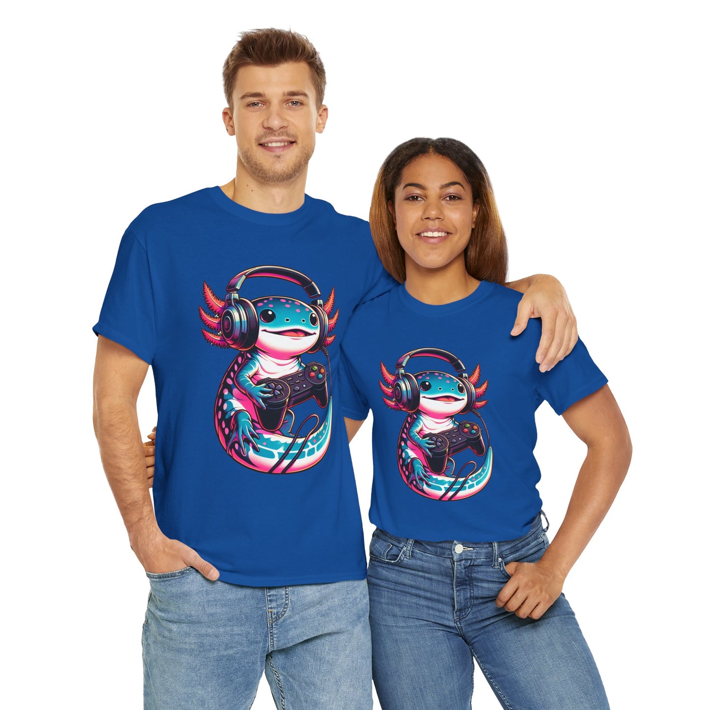 Cute Kawaii Gaming Axolotl Unisex Heavy Cotton Tee - Perfect for Gamers, Mexican Walking Fish, Smile, Video Game, Geek, Nerd, Salamander, Anime