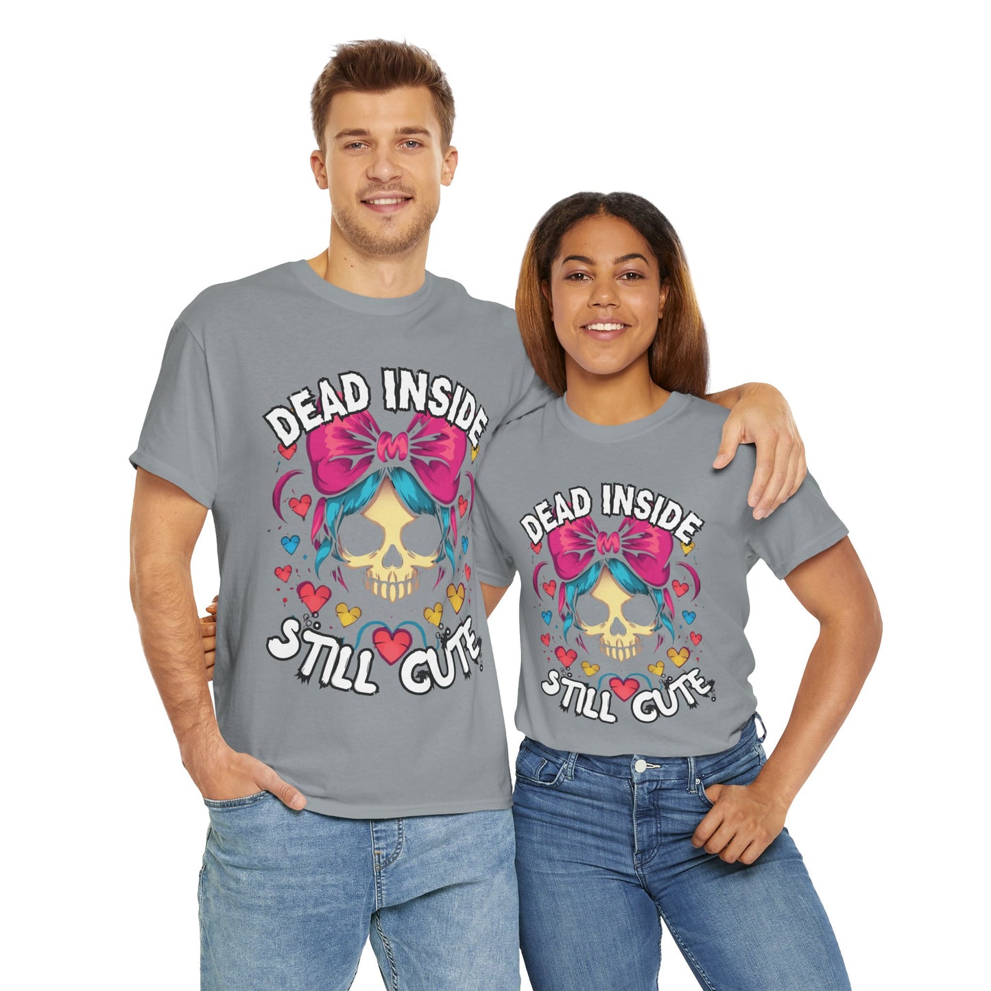 'Dead Inside Still Cute' Kawaii Skull & Heart Graphic T-Shirt, Unisex Heavy Cotton Tee, Casual Wear, Halloween Gift, Festival Fashion, Trendy Streetwear, Scary, Creepy, Gothic, Anime, Weeb, Otaku, Geek, Nerd