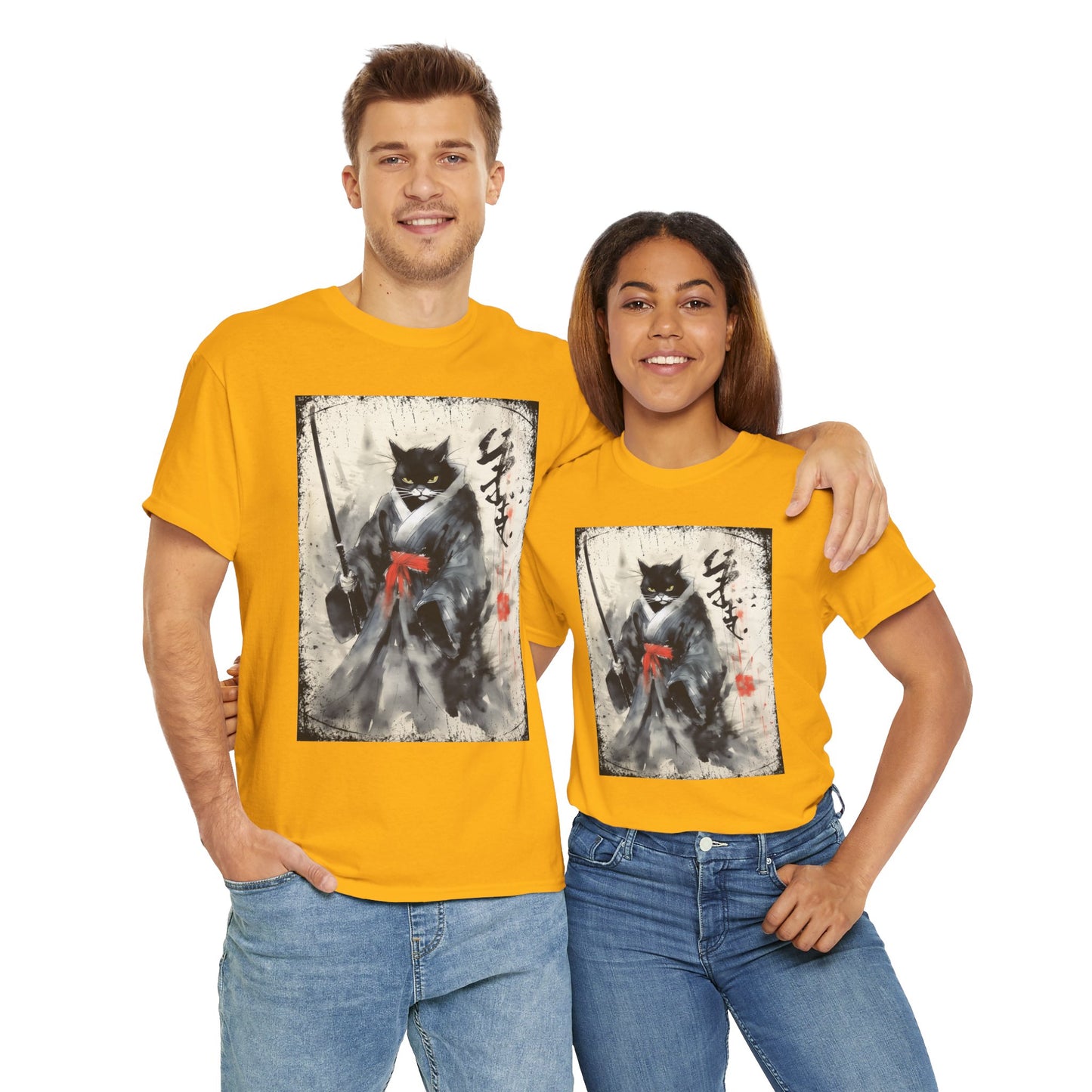 Samurai Cat Vintage Ukiyo-e Warrior Art Unisex Heavy Cotton Tee - Artistic Vintage Design, Japanese Ink Painting, Anime, Weeb, Otaku, Geek, Nerd