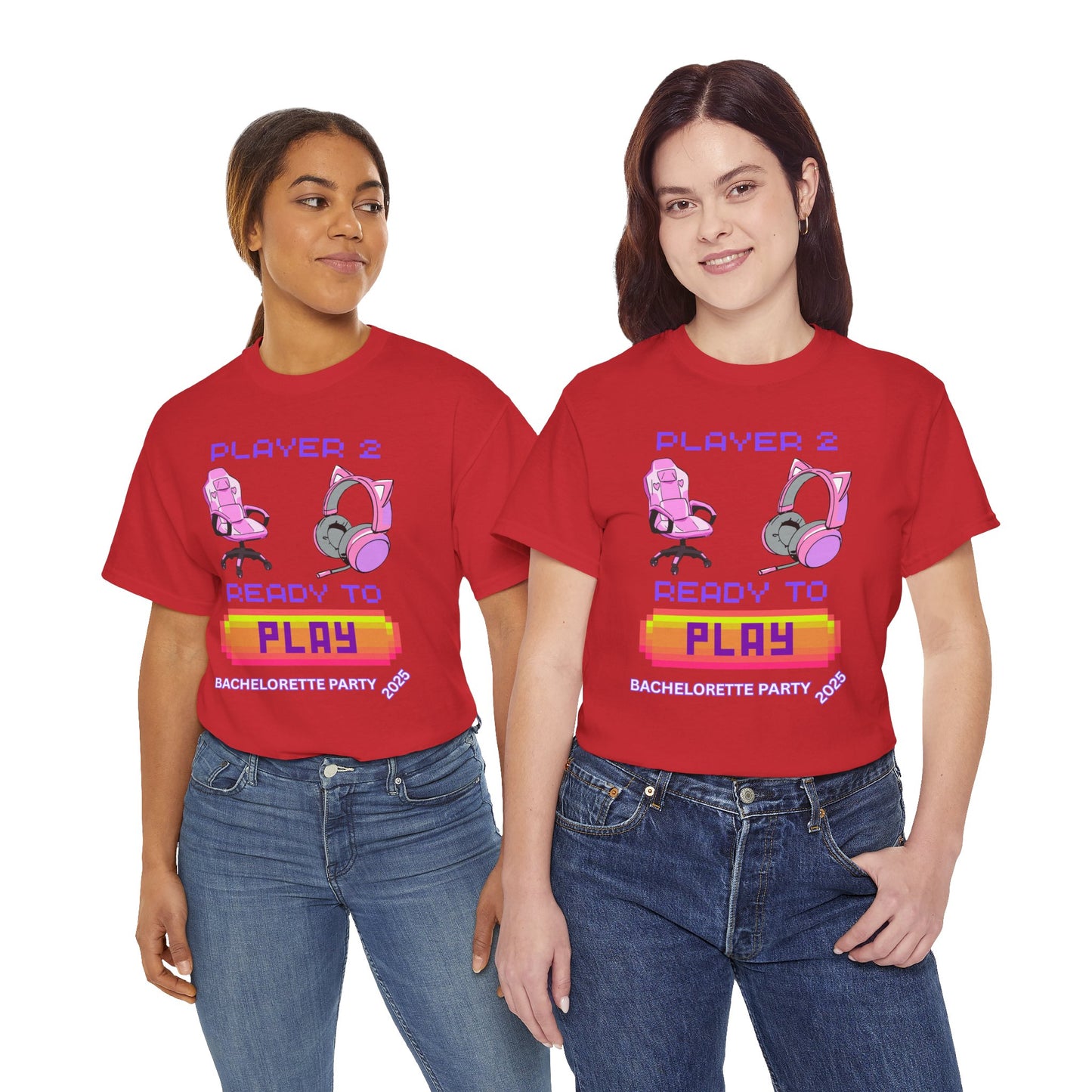 Gamer Girl Bachelorette Party 2025 Tee - 'Player 2 Ready to Play' Unisex Heavy Cotton T-Shirt, Video Game, Gaming, Console, PC, Tech, Geek, Squad, Nerd