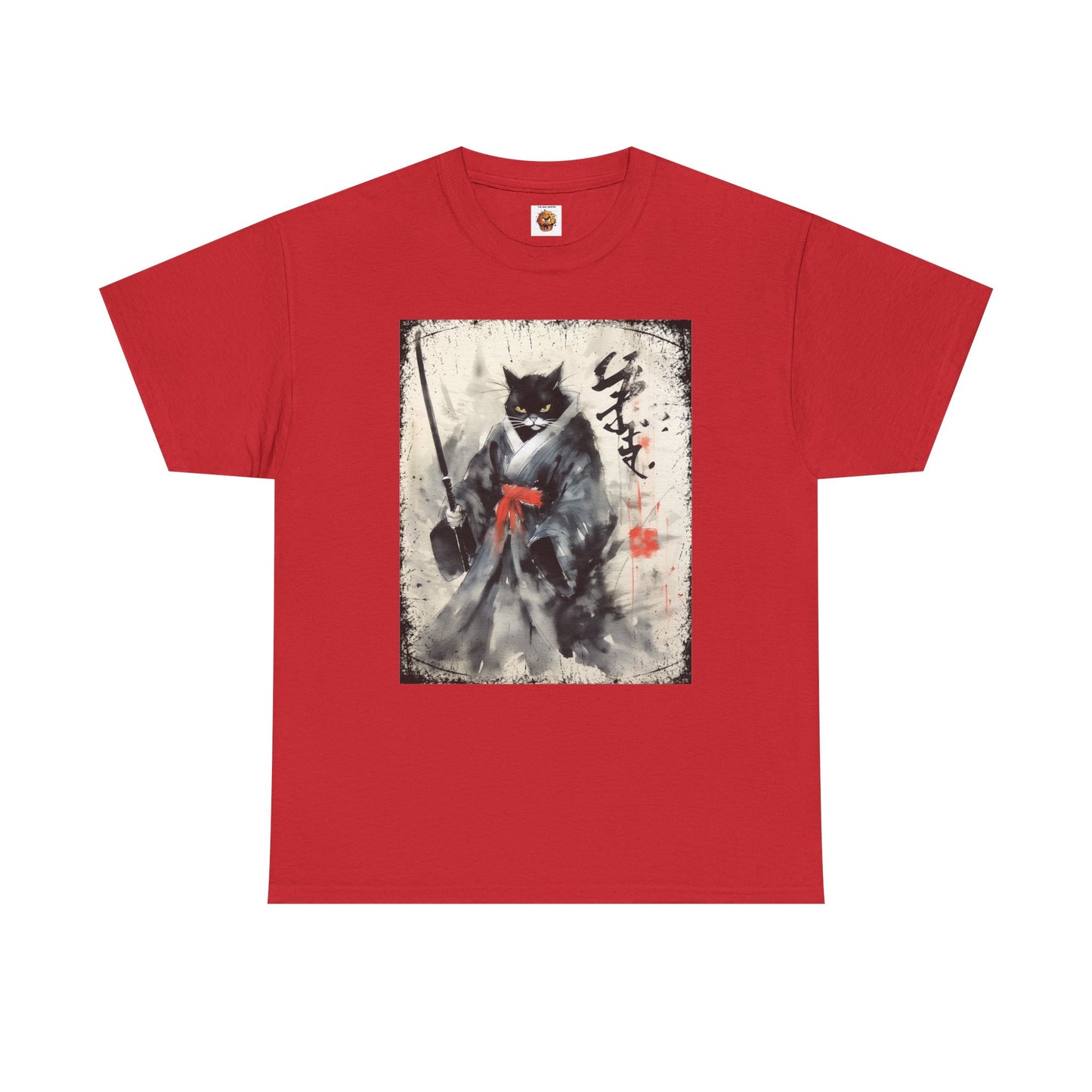Samurai Cat Vintage Ukiyo-e Warrior Art Unisex Heavy Cotton Tee - Artistic Vintage Design, Japanese Ink Painting, Anime, Weeb, Otaku, Geek, Nerd