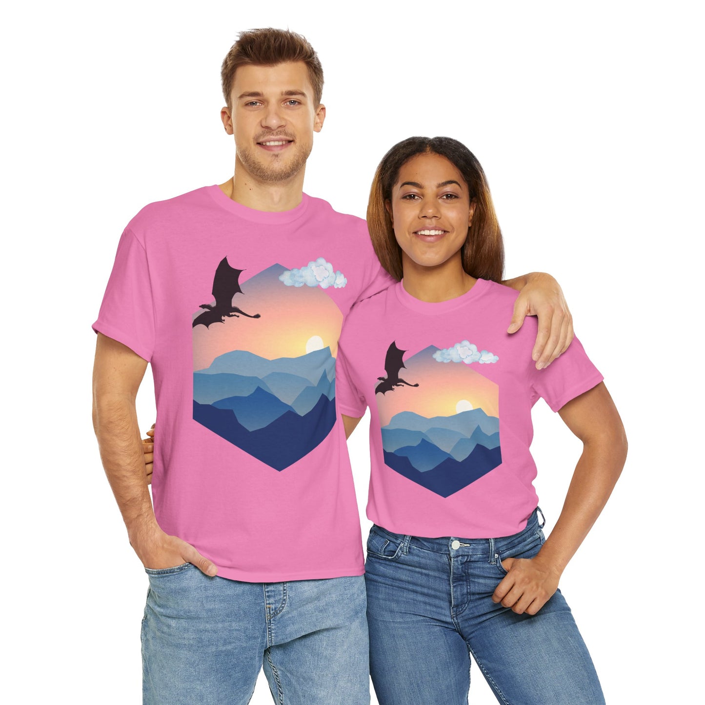 Flying Dragon Adventure Dungeons and Dragons DND Unisex Heavy Cotton Tee Shirt - Fantasy Mountain Design, RPG, TTRPG, Roleplaying, Geek, Nerd