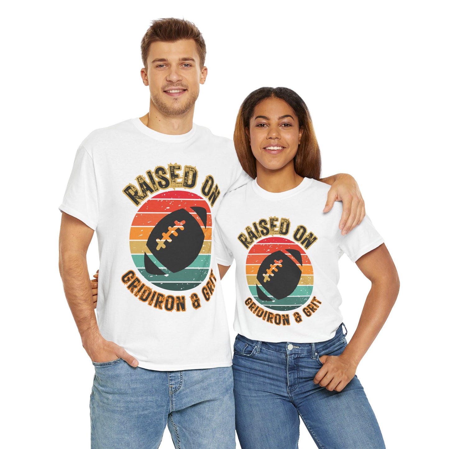 Raised On Gridiron & Grit Retro Football Inspired Unisex Heavy Cotton Tee, Sports T-Shirt, Gift for Football Fans, Trendy Casual Wear, Vintage Gridiron Style