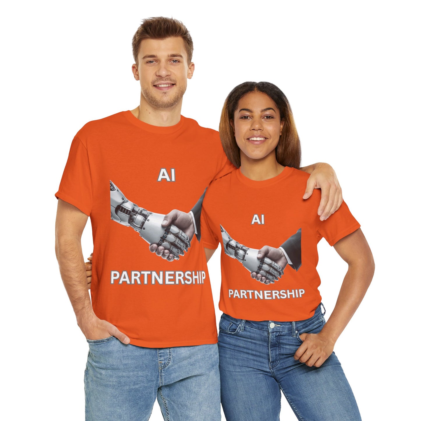 AI Partnership Unisex Heavy Cotton Tee Shirt - Robot And Human Shake Hands, Sci-Fi, Science, Tech, Geek, Nerd