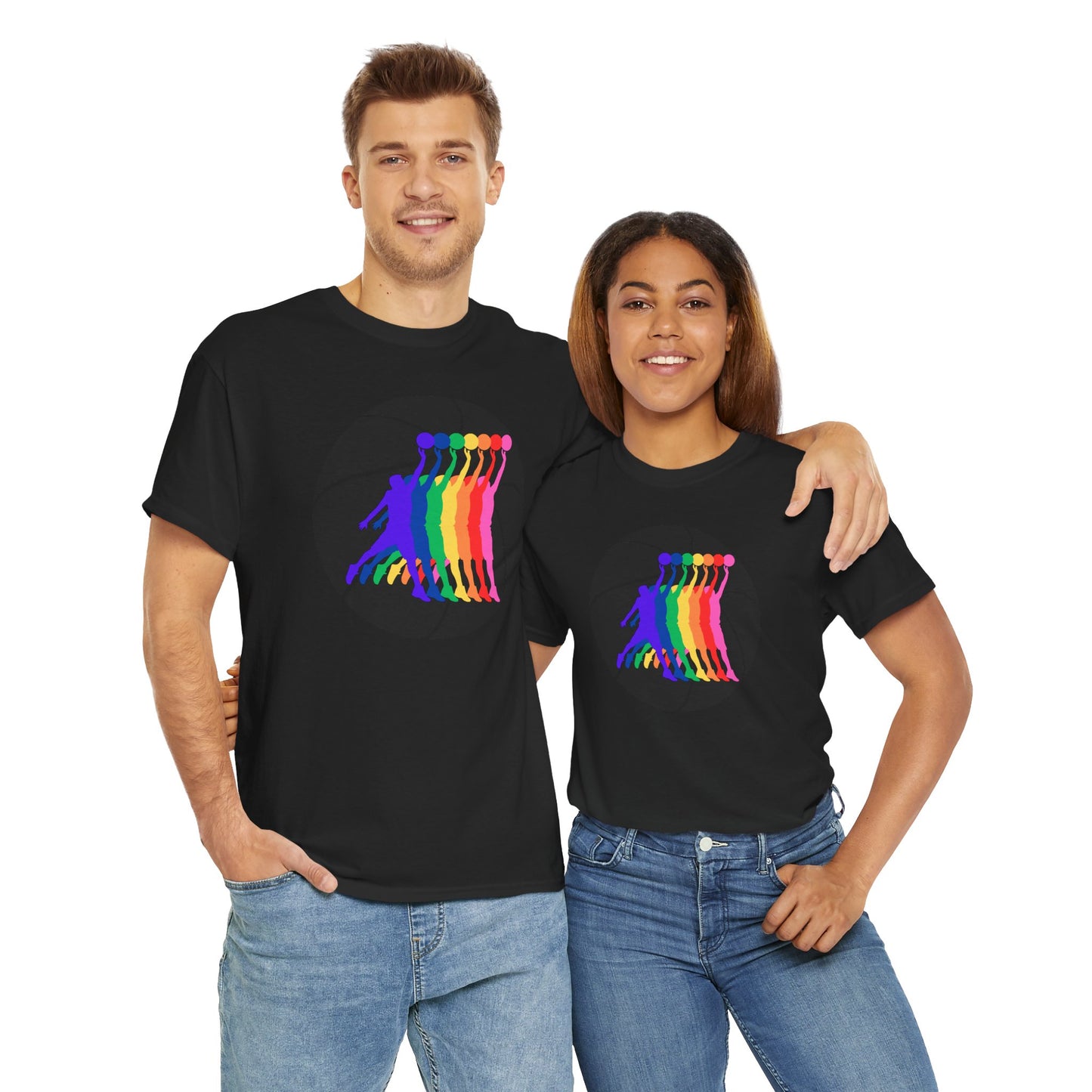 Basketball Player Silhouette Rainbow Colorful Graphic Unisex Heavy Cotton Tee, Vibrant Art Shirt, LGBTQ+ Pride Tee, Casual Wear, Summer Fashion, Hoops