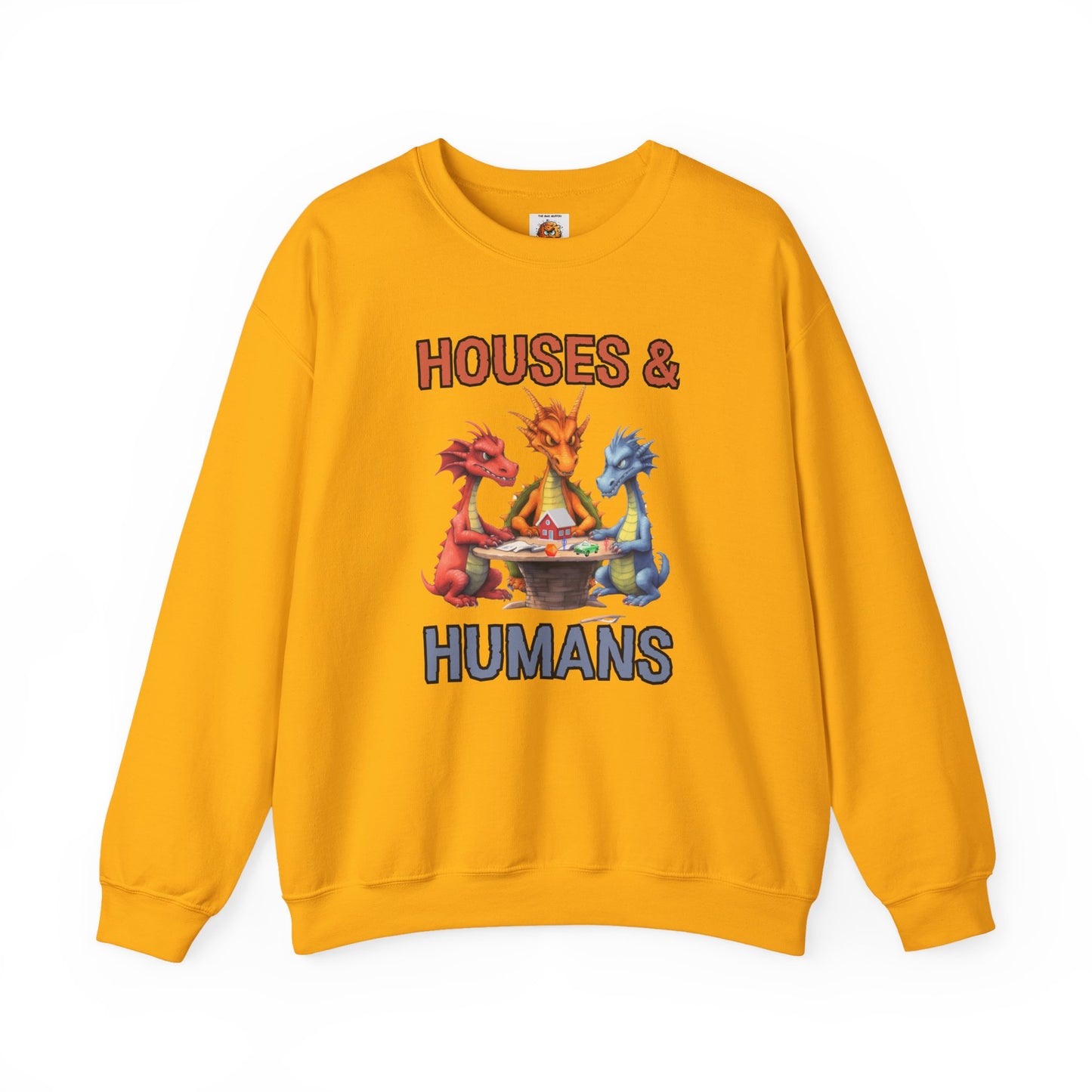 'Houses & Humans' Heavy Blend Crewneck Sweatshirt, Cozy unisex sweatshirt, Fantasy apparel, Gift for nerds, Dragon lover merch, D&D, DND, RPG, TTRPG, Geek, Nerd, D20