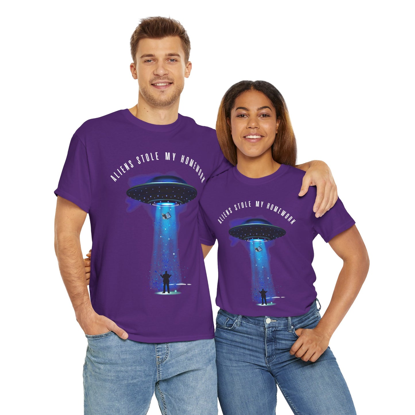 Flying Saucer Alien Abduction Unisex Heavy Cotton Tee Shirt - Aliens Stole My Homework UFO Graphic T-Shirt, Geek, Nerd