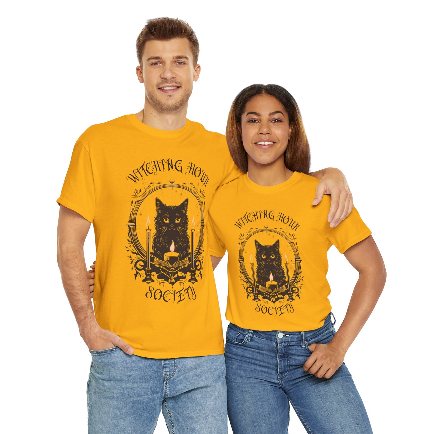'Witching Hour Society' Cat Cat Tee Shirt- Unisex Heavy Cotton T-Shirt for Book Lovers, Reader, Gothic, Midnight, Scary, Creepy, Halloween