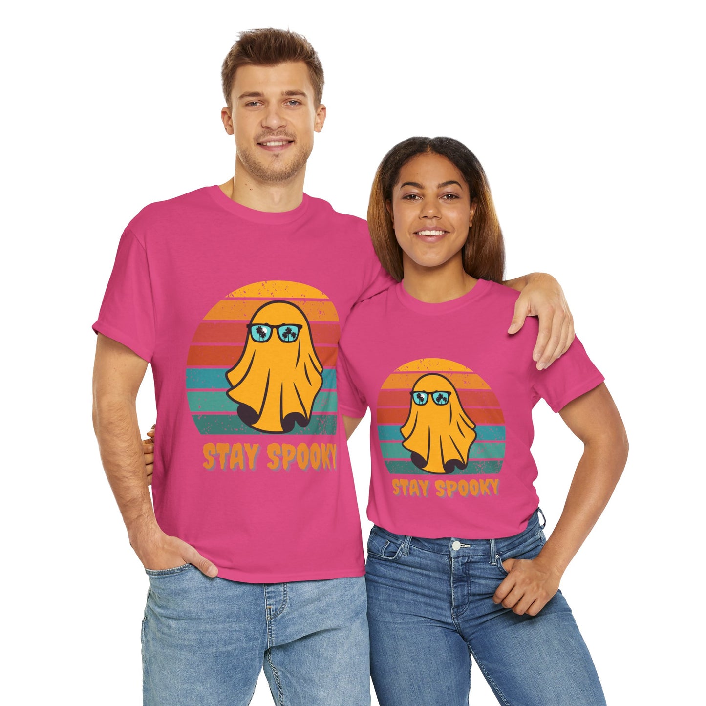 Stay Spooky Retro Holiday Unisex Heavy Cotton Tee - Vintage Ghost Halloween Shirt, Sunglasses, California, Tropical, Funny, Geek, Nerd