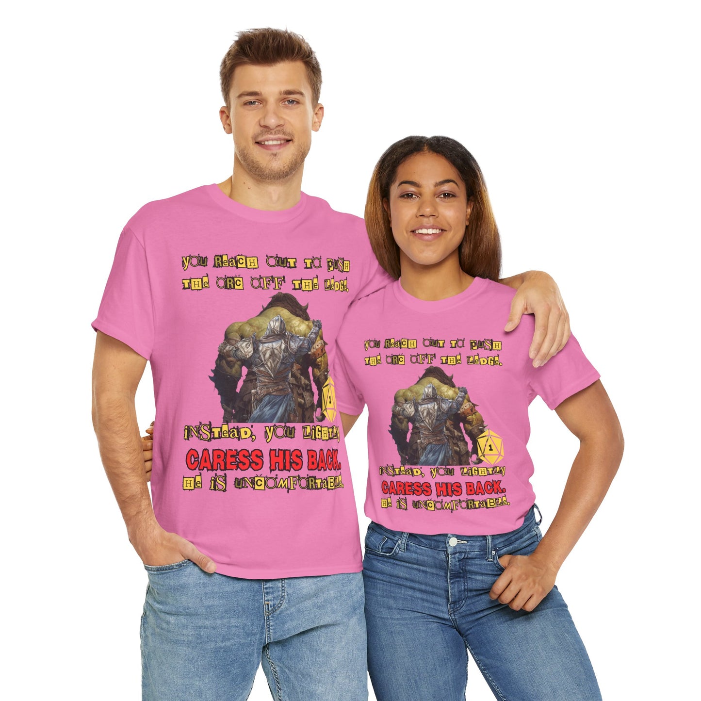 Funny Dungeons & Dragons DND Unisex Heavy Cotton Tee Shirt - 'You Reach Out to Push the Orc Off the Ledge', D20, RPG, TTRPG, Roleplaying, Geek, Nerd