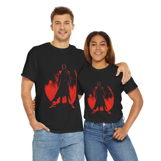 Eternal Night 001 Unisex Heavy Cotton Tee Shirt T-Shirt - Bold Red Shadow Design for Vampire Fans, Classic, Blood Red Moon, Dracula, Halloween, Scary
