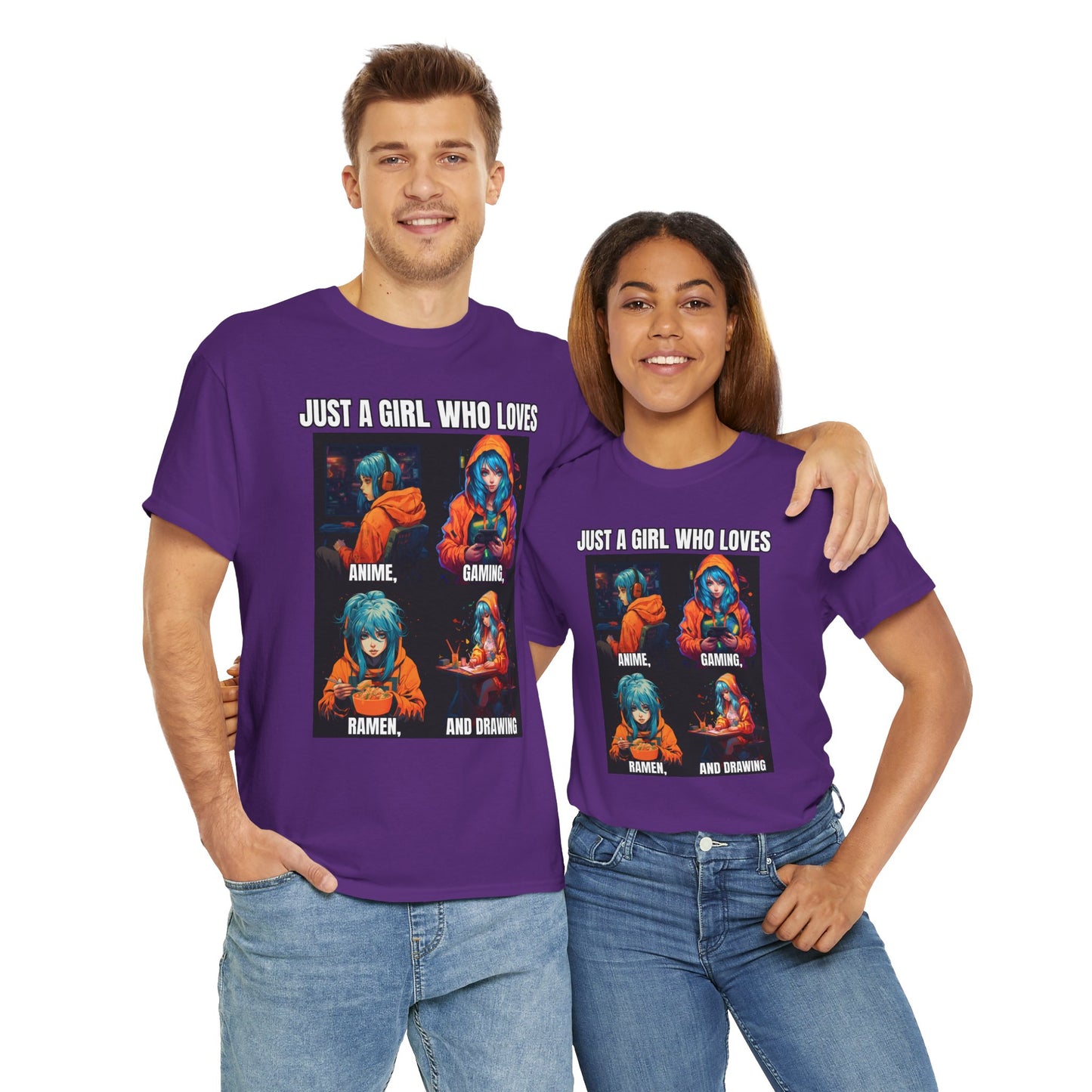 'Just a Girl Who Loves Anime, Gaming, Ramen, and Drawing' Unisex Heavy Cotton Tee - Waifu, Video Game, Gamer, Gamer Girl, Sketching, Weeb, Otaku, Geek, Nerd