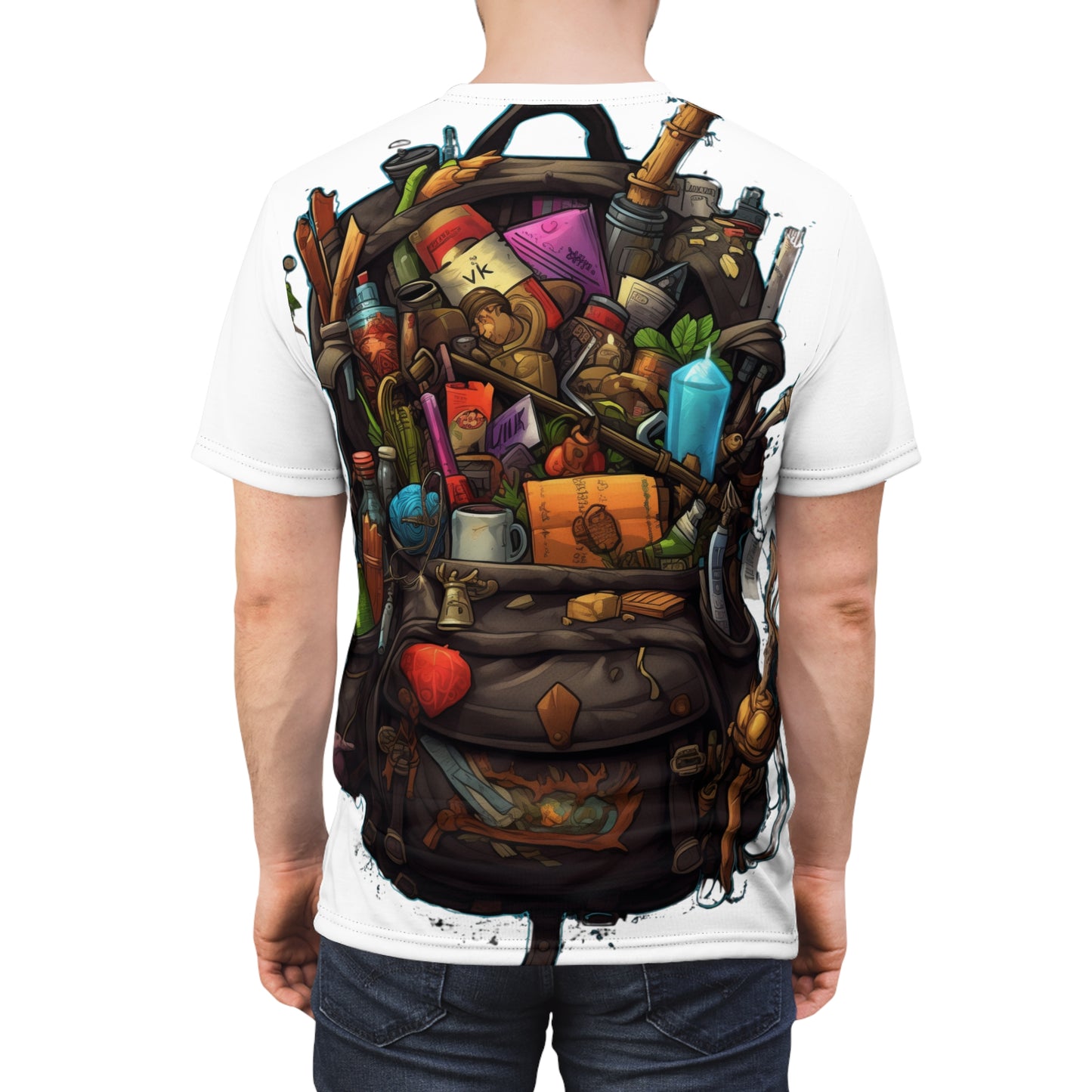 Adventurer's Backpack Unisex AOP Tee - Rope, Rations, Spell scrolls, Potions, Daggers, Coins, Magic Items, DND, RPG, Geek, Nerd